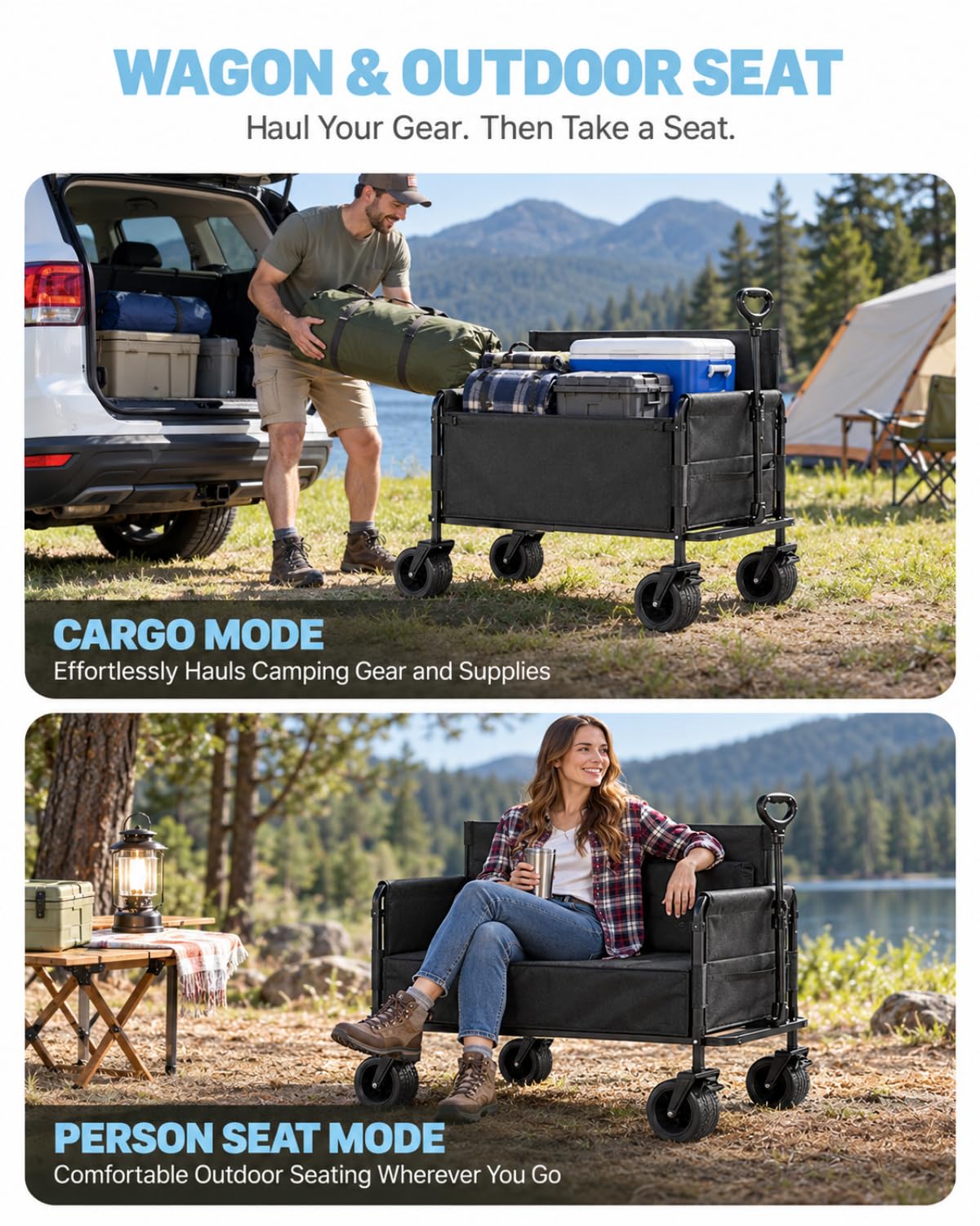 Carro plegable con asiento de banco, capacidad de 440 libras
