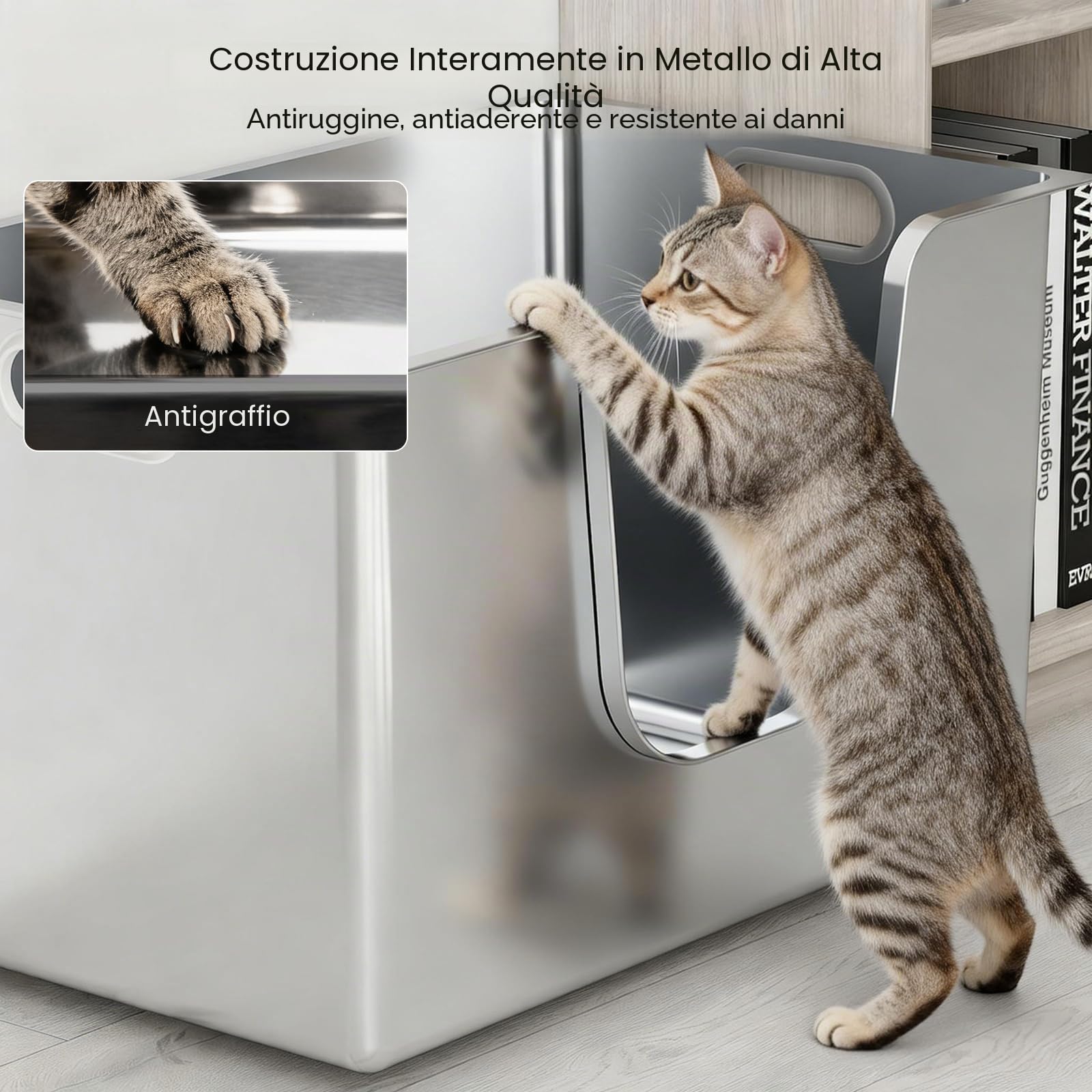 PTLOM Lettiera per gatti in acciaio inox, XL, con lati alti 35 cm, antiruggine, a prova di perdite, ingresso basso per gatti anziani, ruote per un facile spostamento, ideale per famiglie con più gatti