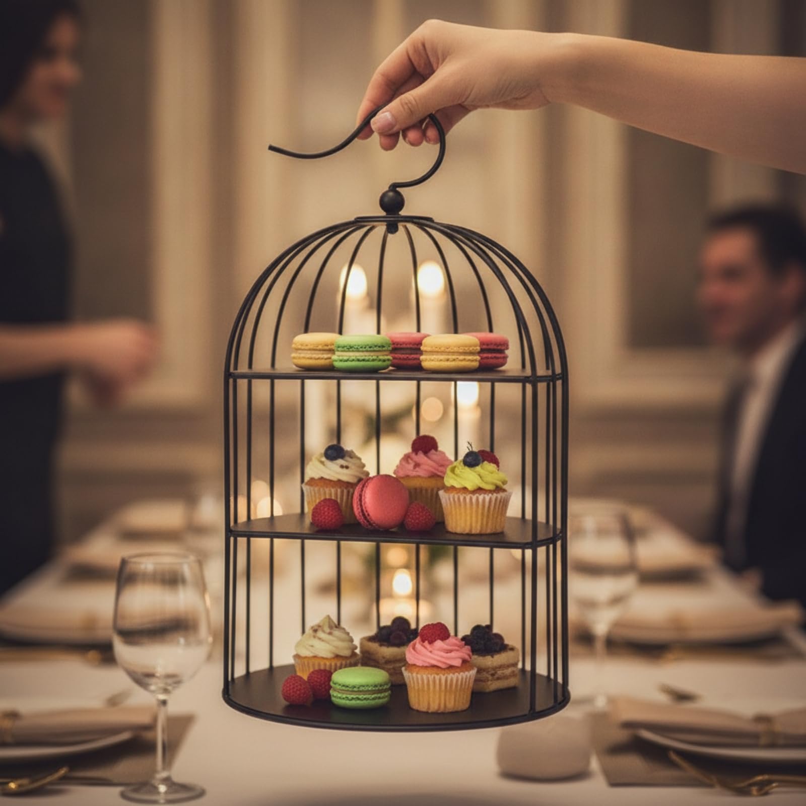 TISHITA Alzata per Dolci Portatorta Vassoio Espositore a Tre Ripiani con Design Elegante a Gabbia E Manico Supporto Stabile per , Nero , Stile Europeo, Design A Gabbia Per Uccelli A Tre Livelli