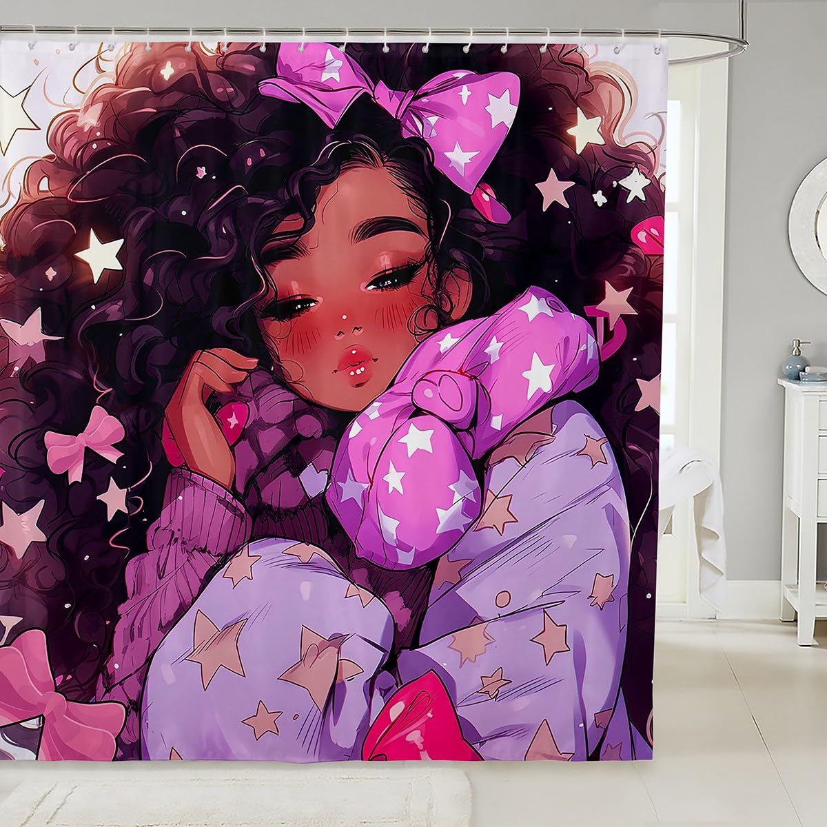 Erosebridal Black Girls Shower Curtain Afro Girl Bath Curtain 72" Wx72 L,American African Princess Magical Waterproof Bathroom Curtains for Toddler