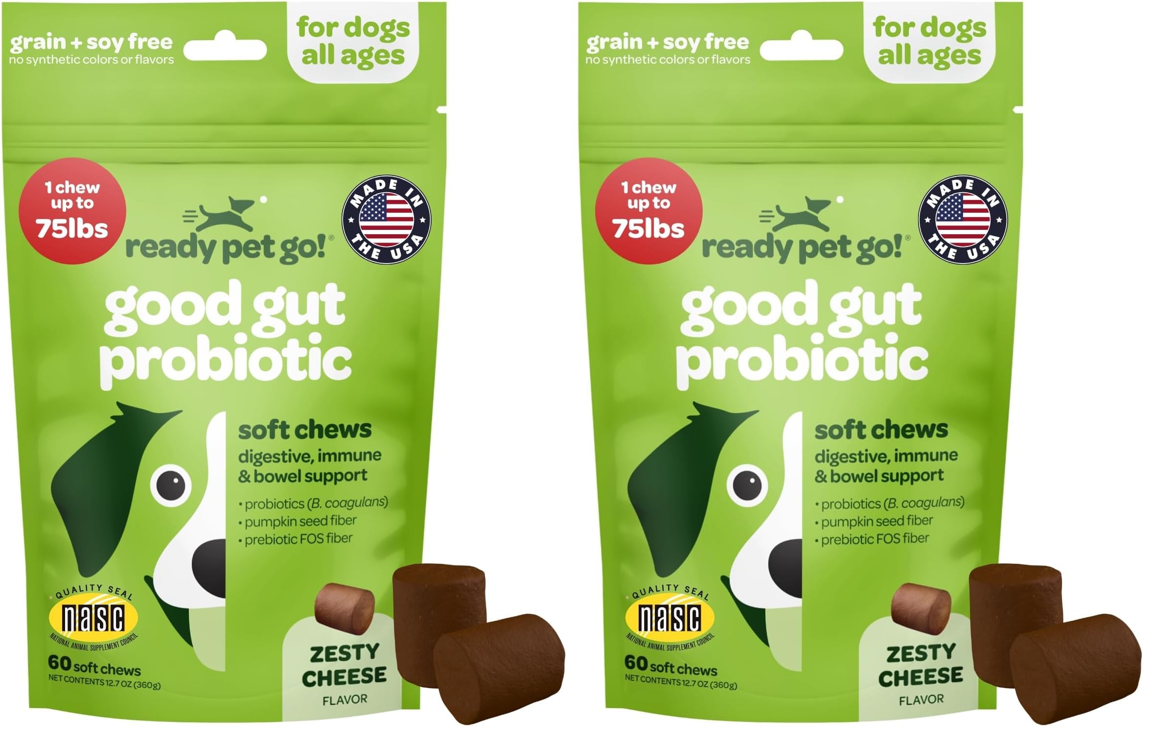 Probiotic Chews for Dogs Gut Health | Tasty Pre and Probiotics for Dogs Digestive Health with Pumpkin Dog Probiotics and Digestive Enzymes | NASC Certified & Made in The USA | 60 Chews (Pack of 2)