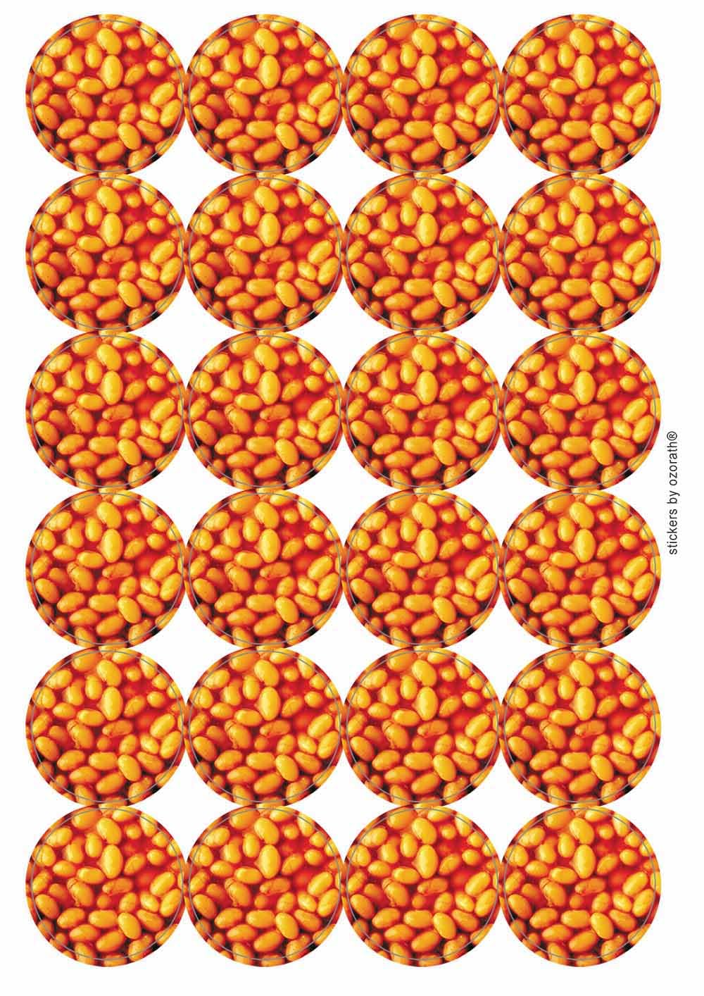 Baked Beans Circular Matt Paper Stickers A4 Sheet of 24 (Each Sticker is 45mm Diameter)