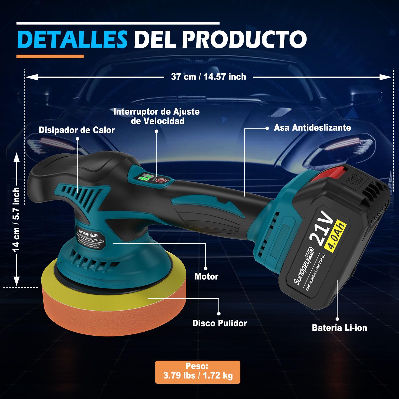 Pulidora Coche Inalambrica - 21V Pulidora Orbital Coche con 2 Baterías 4000mAh, 8 Velocidades Variables, 6000RPM, Pulidora Coche para Pulir, Encerar y Eliminar Arañazos del Coche