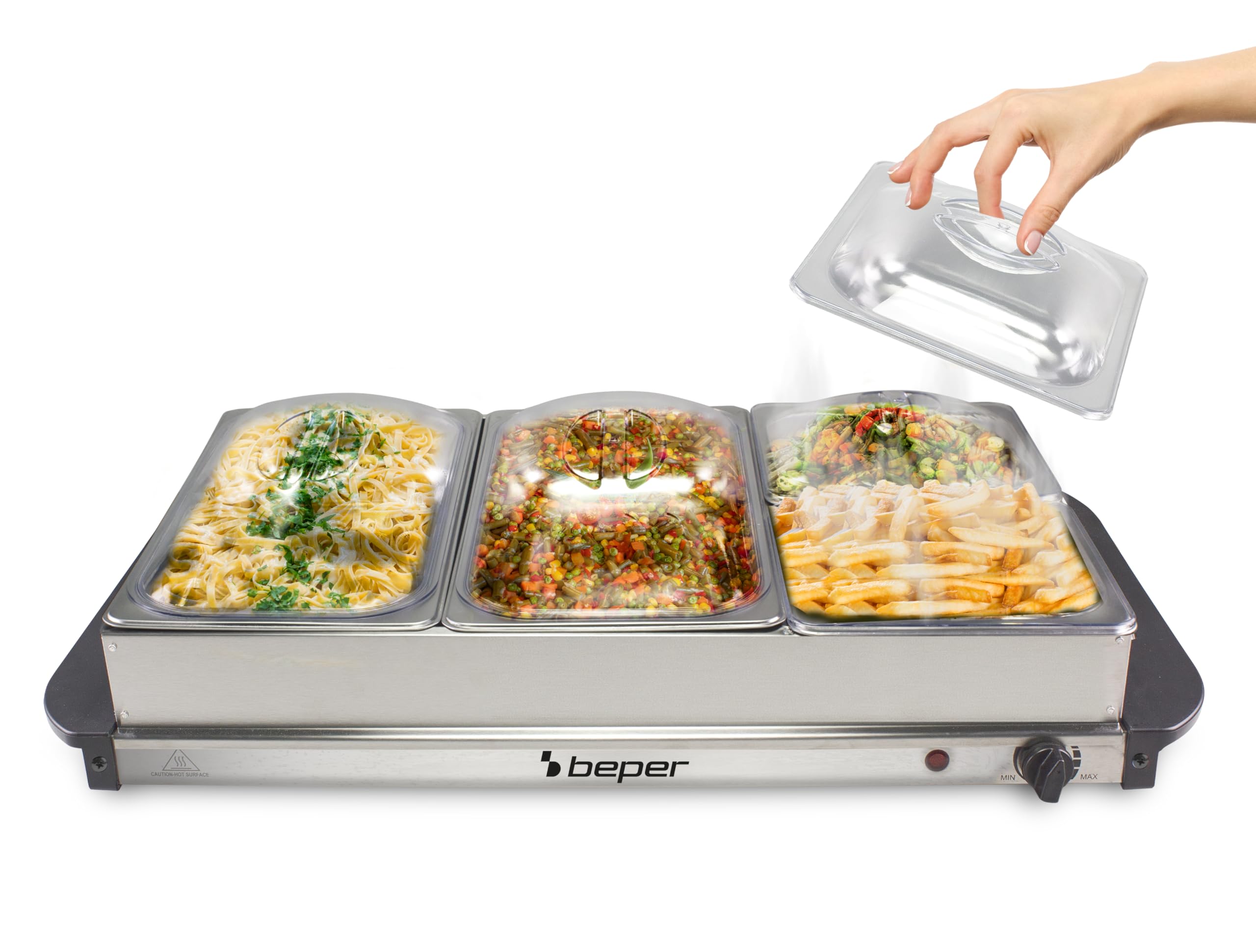 BEPER P101TEM002 Calentador de Buffet, Calentador de Comida, 4 Bandejas Extraíbles + Base de Placa Caliente, Termostato Ajustable y Asas Aislantes del Calor, Apto para Lavavajillas, Ideal para Fiestas