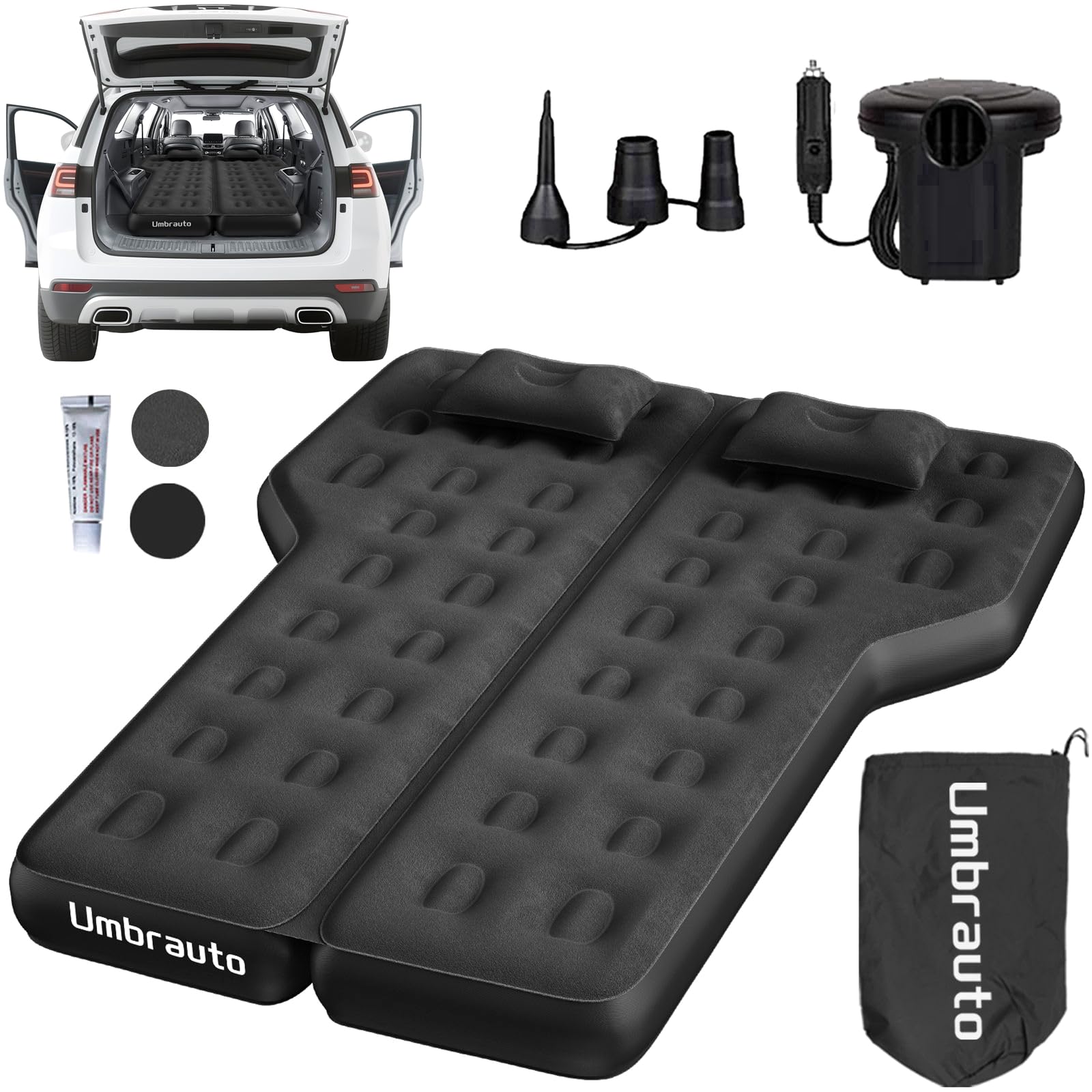 Umbrauto Heavy-Duty SUV Air Mattress w/Quick-Inflate Car Pump| Durable 2-Chamber Inflatable Van Sleeping Bed for Camping & Travel, Leakproof PVC, Flocked Top