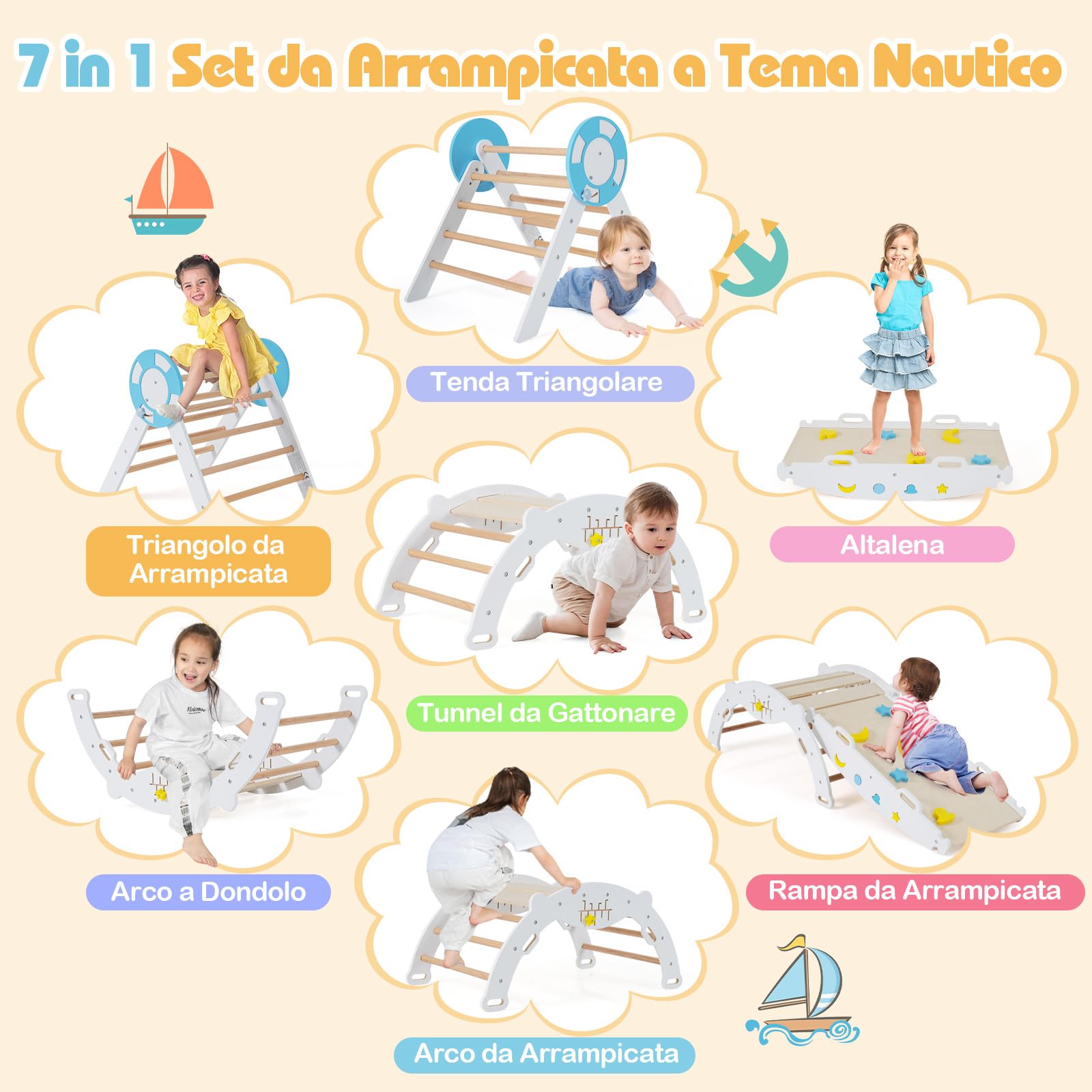 RELAX4LIFE Set da Arrampicata per Bambini, Triangolo di Arrampicata con Scivolo e Arco, Gioco di Incastri in Legno, Gioco Montessori per Bambini 1+ Anni (Marinaio-3 Pezzi | Bianco)