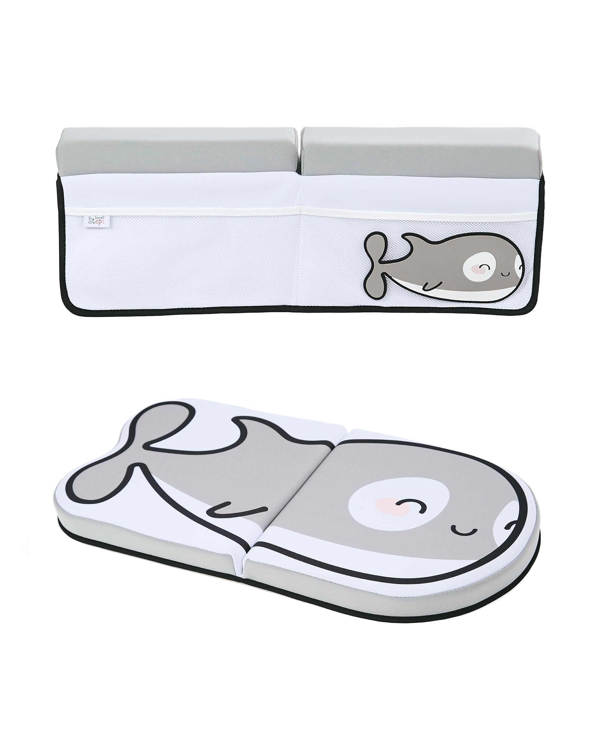 Juego de rodilleras y reposabrazos para baño Small Steps. Rodillera ergonómica para baño de bebé con espuma viscoelástica y diseño antideslizante. Con temática de orca, comodidad y prácticos bolsillos para bañar a bebés y niños.