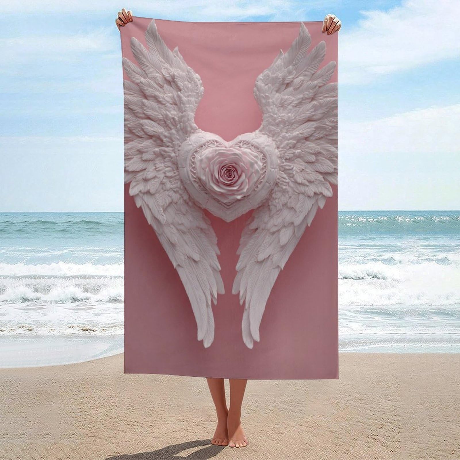asbwuo White Angel Wings with Pink Rose Heart Beach Towel