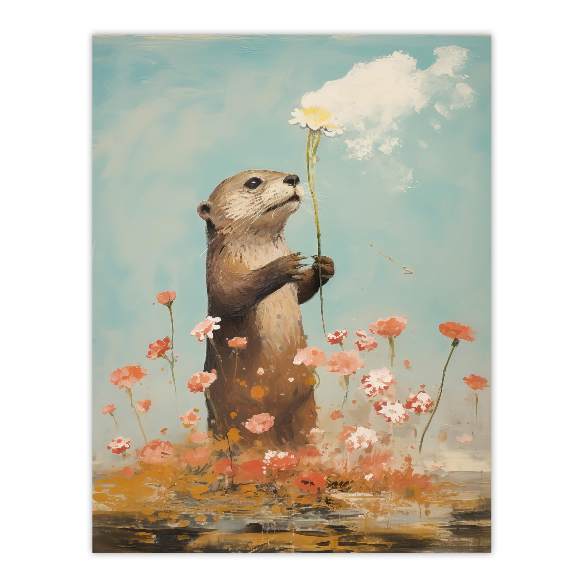 Artery8 The Otters Gift Artwork Floral Watercolour Crimson And Blue Extra Large XL Wall Art Poster Print