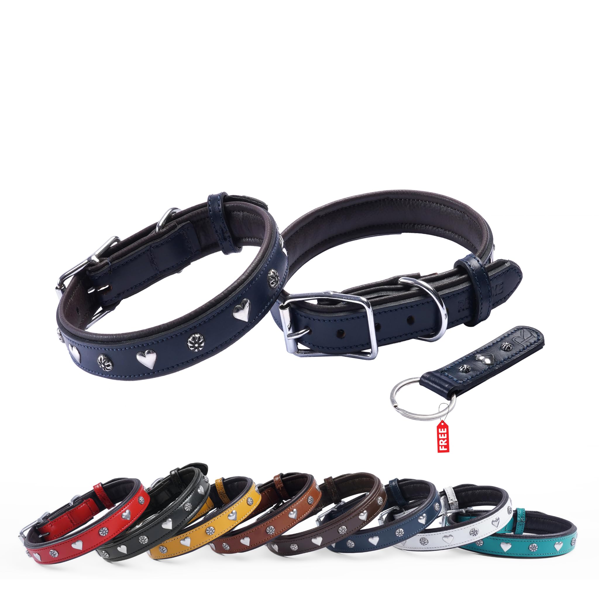 REDLUXE Genuine Leather Dog Collar with Heart Studs, Soft Padded Adjustable Pet Collar for Small, Medium & Large Dogs, Heavy Duty Metal Buckle (BLUE, S)