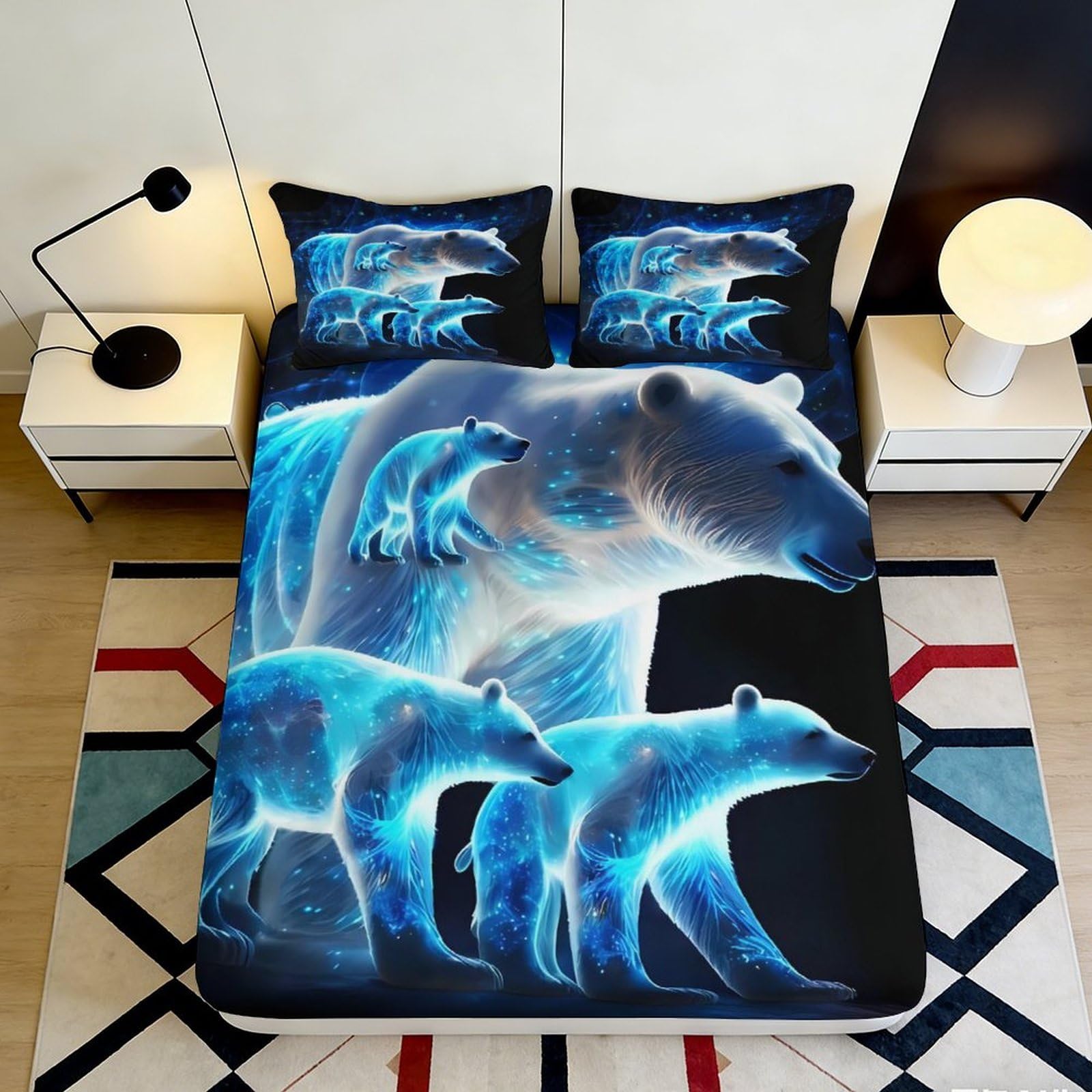 3D Printed Glowing Polar Bear Fitted Sheet Microfiber Soft Breathable Northern Lights Bed Cover for Bedroom Dormitory Guest Room Mattress Protection 160x200x25cm