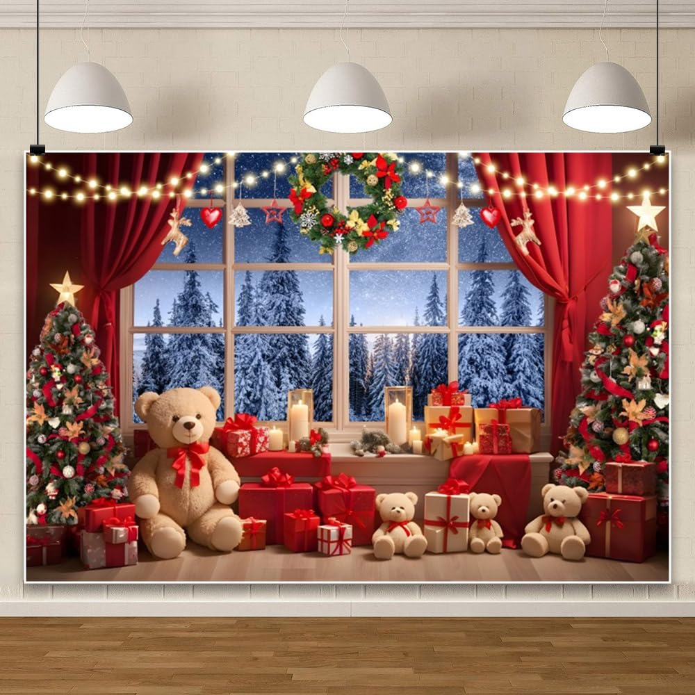 3x2.5m Toile de Fond Photo de noël Hiver forêt Neige Luxe Arbre de noël Photographie Fond Rideau Rouge Couronne de pin Nouvel an Famille fête décors Adulte Portrait Photo Accessoire