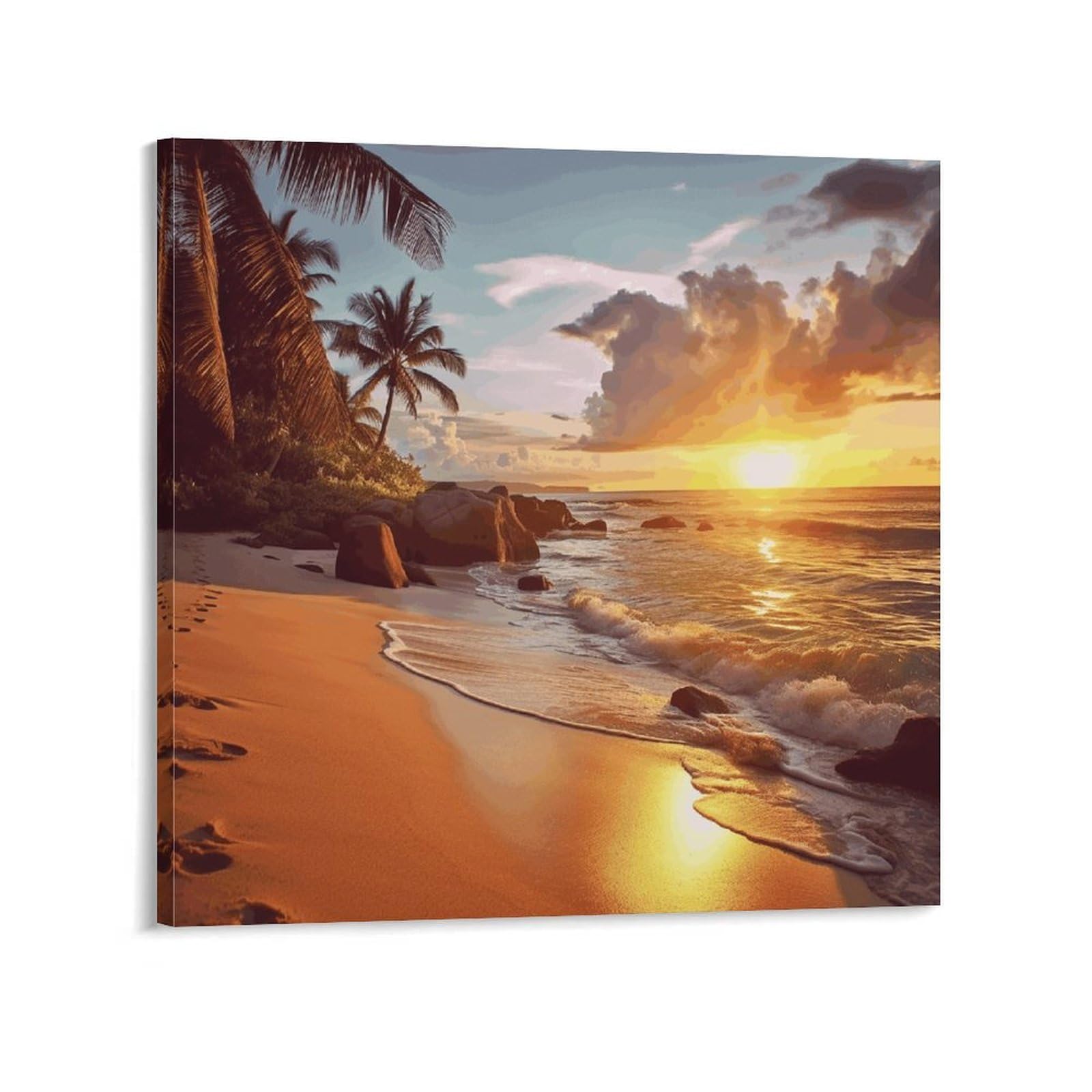 Tropical Beach at Sunset Canvas Wall Art for Bedroom 24x24inch(60x60cm) Canvas Prints Artwork for Walls Modern Picture Artwork Painting for Living Room Aesthetic Wall Paintings for Bathroom Kitchen Of