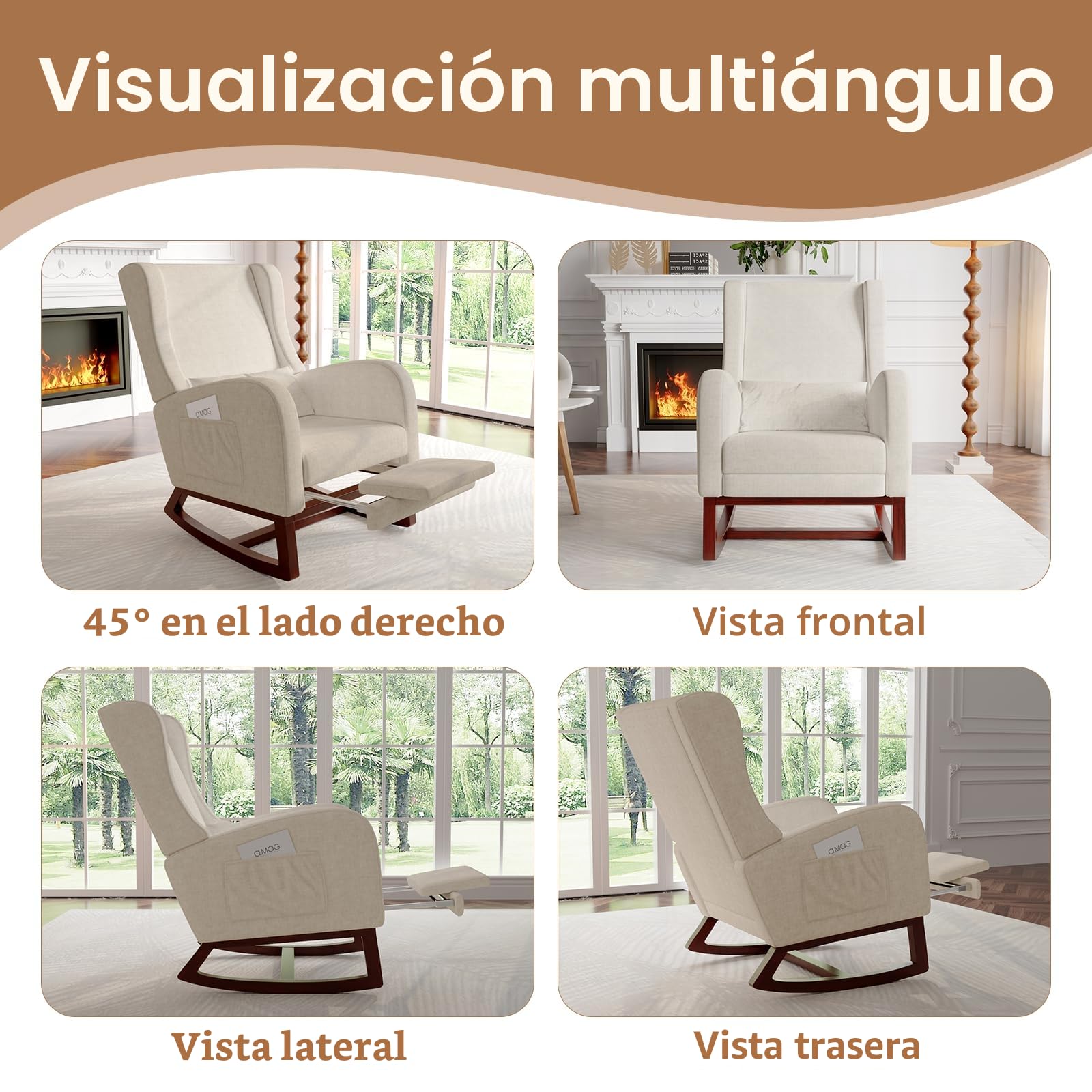Mecedora para relajarse, sillón balancín, Silla de lactancia, silla basculante con lana de oveja y cojín lumbar y 2 bolsillos laterales,cómoda sillaa de lectura para salón o dormitorio (Beige)