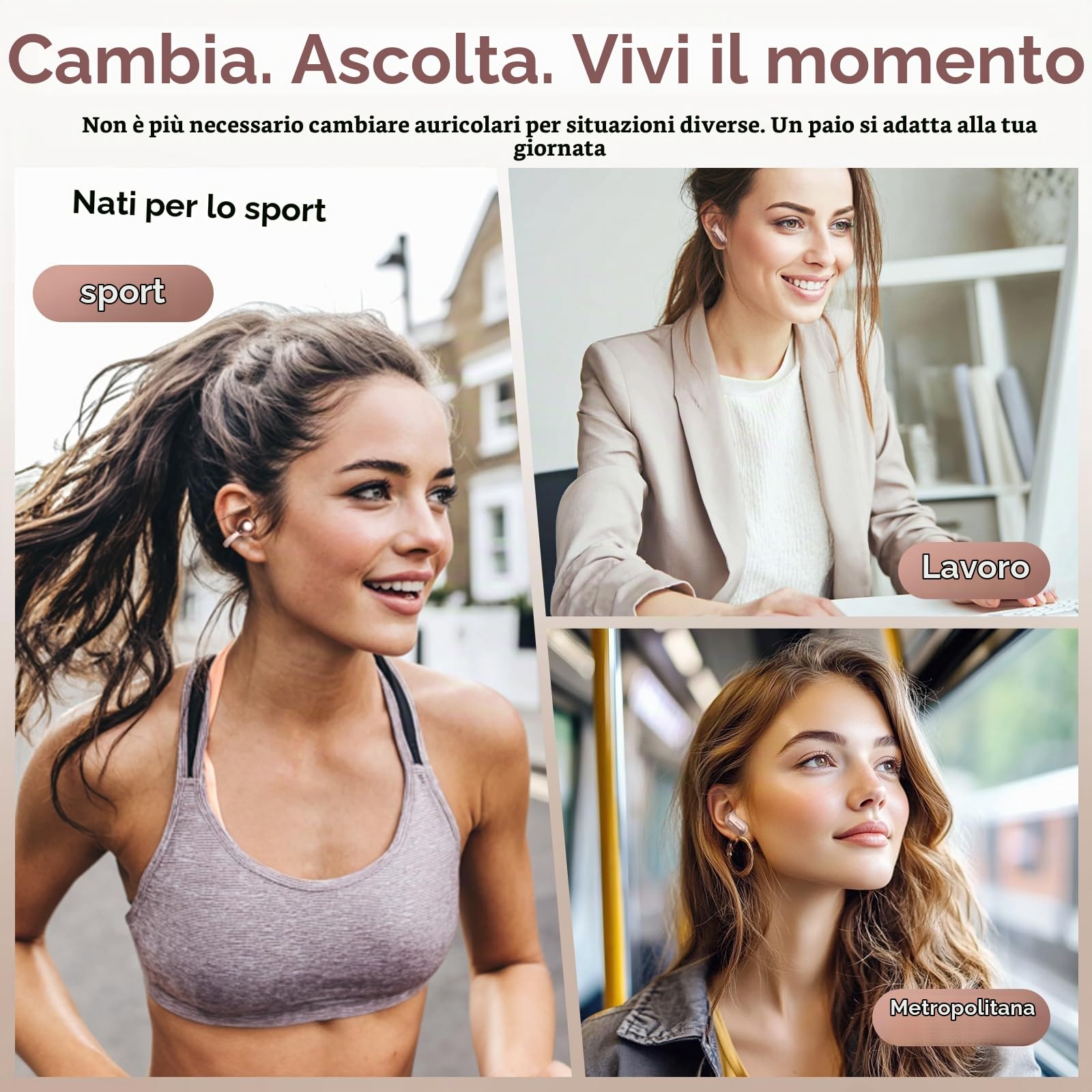 PAXA 2 in 1 a Cuffie Auricolari Aperte Clip per Orecchie Aperte, Bluetooth 6.0 Zero Ritardo, Ultra-Lunga 140 Ore, Riconoscimento Automatico L/R, Hi-Fi Suono per Lavoro Fitness Corsa, Ctbuds Rosa Oro