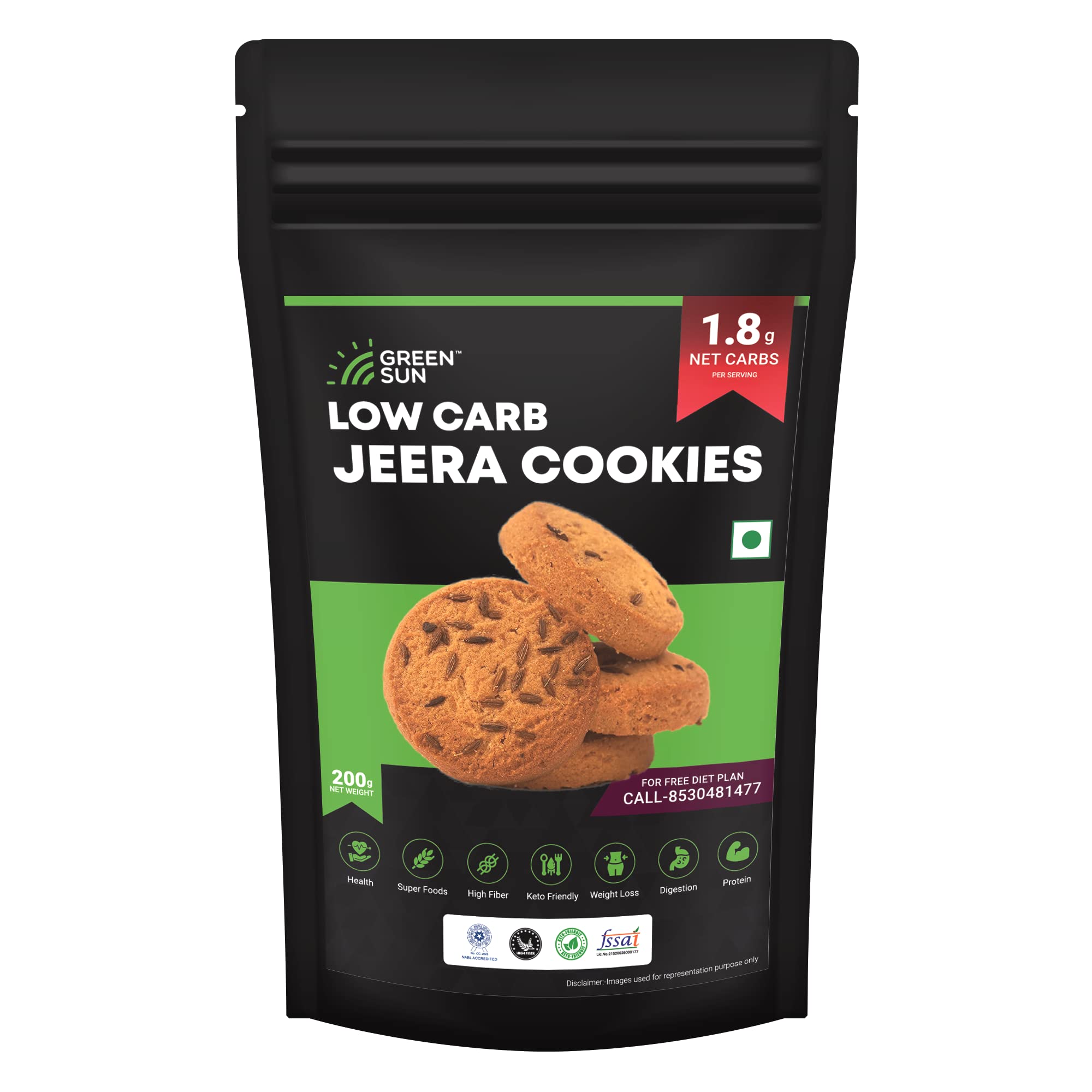 Green Sun Low Carb Jeera Cookies|200Gm | 0.6 g Net Carb Per Biscuit | Keto Friendly| Sugar Free | Natural Sweetener Stevia |Healthy | High Fiber | Super Foods | Crispy
