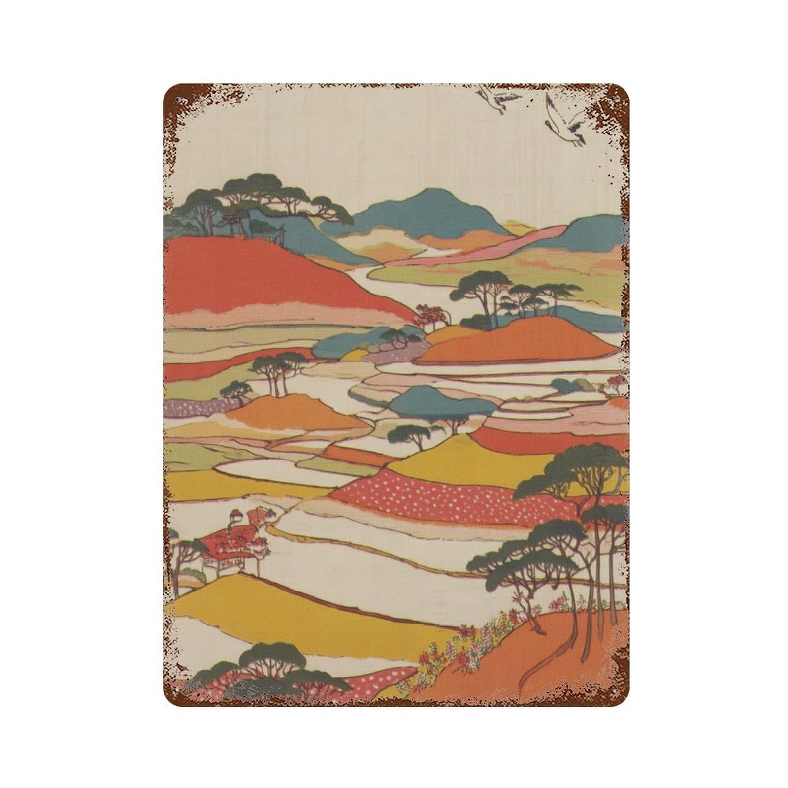xiaoxiaoshen Japanese Landscape Colourful Rice Field Traditional Asian Nature Scenic Farmland Wall Decor Art Metal Tin Poster Modern Home Decor Art Home Bar Shop Decorations Vintage Sign 40x30cm