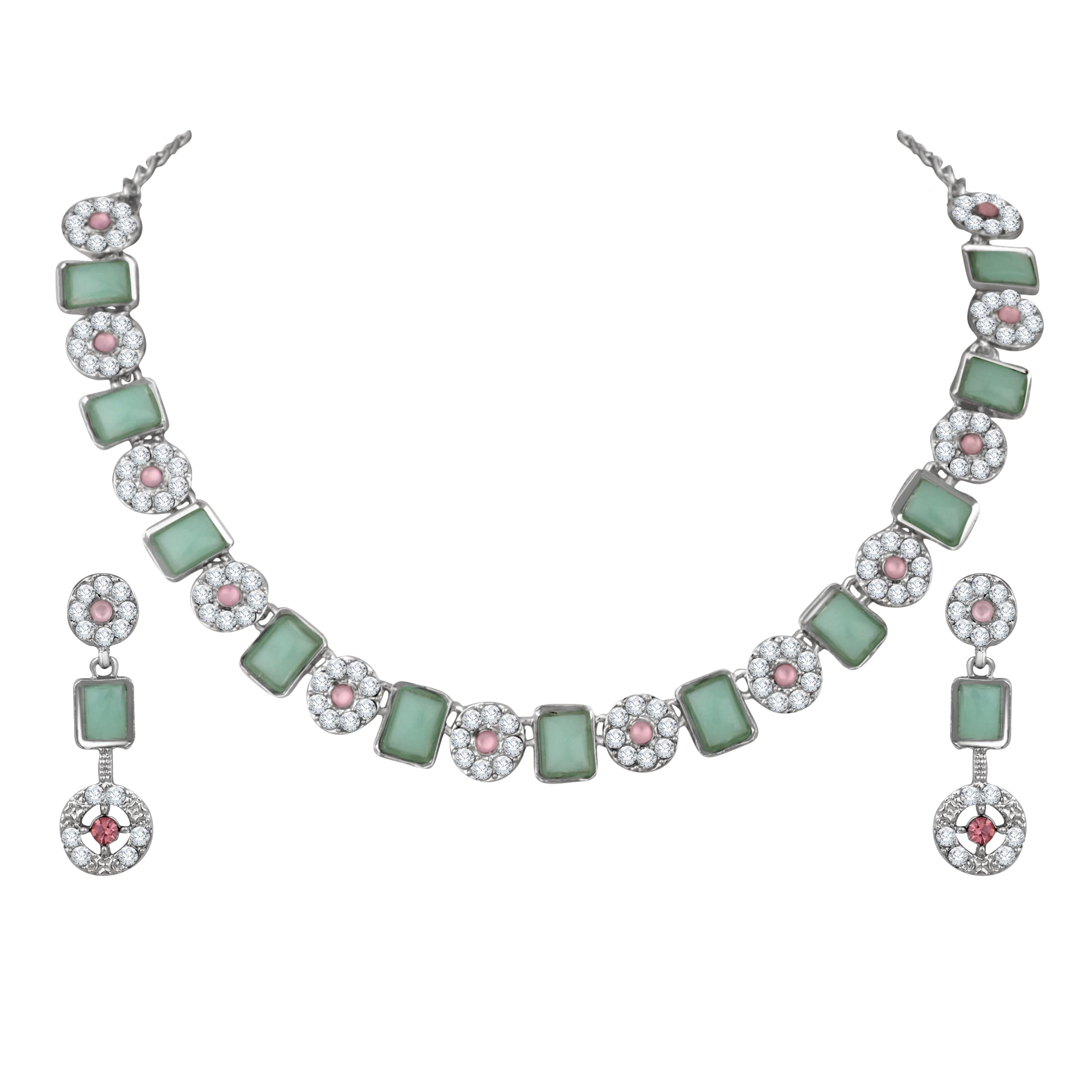 Atasi International Silver Plated Mint Green Crystal Necklace Jewellery Set with Earrings for Women & Girls for Party & Wedding Collection (RMG5733) (B0BXJGHW5P) Amazon Price History, Amazon Price Tracker