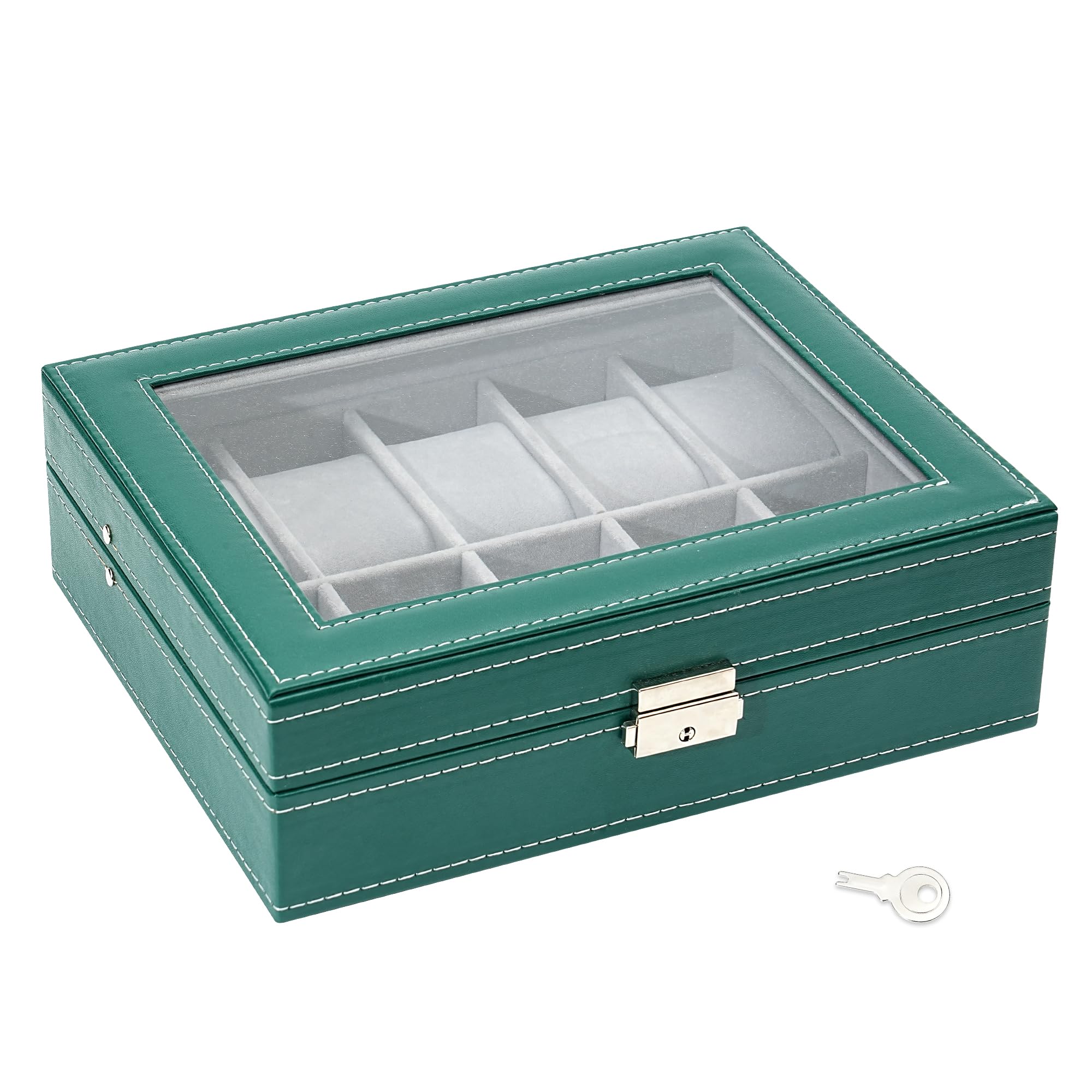 TRIXES Scatola per orologi in ecopelle verde con 10 scomparti – organizer per orologi con finestra in vetro – scatola con cuscini rimovibili