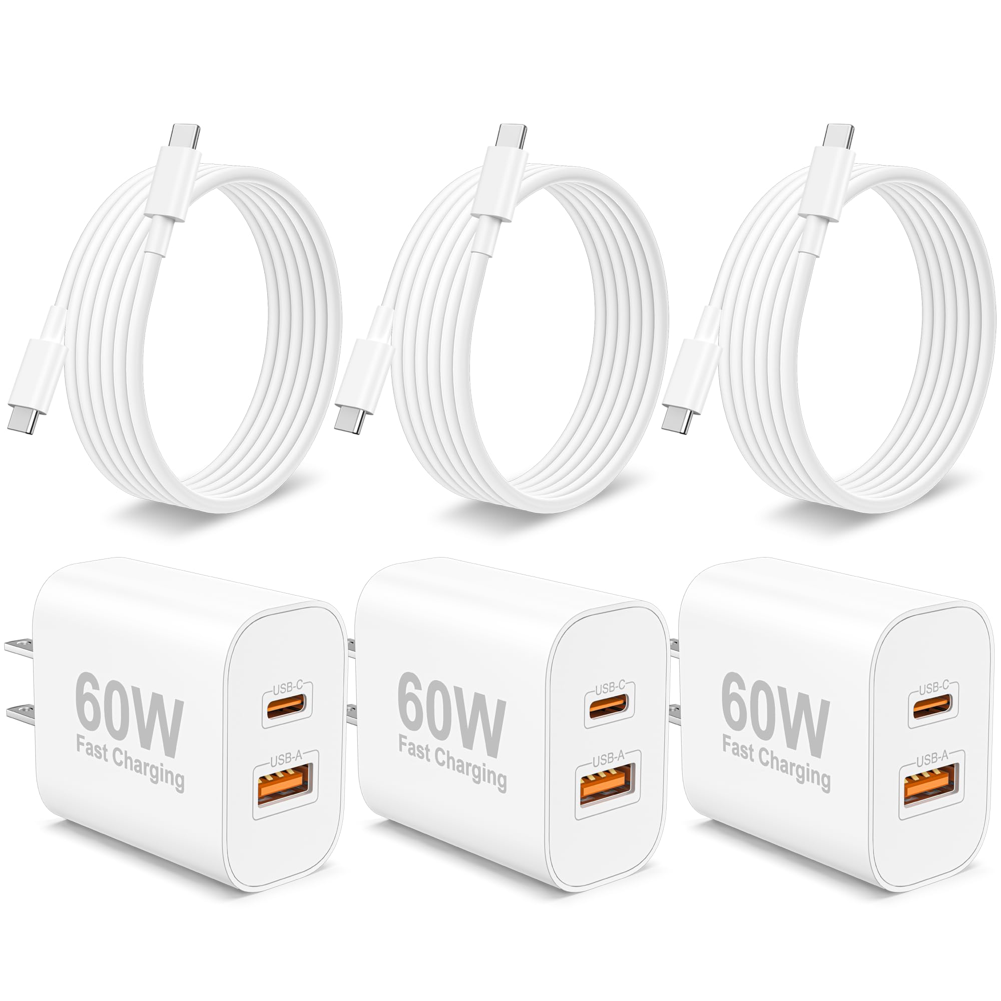 60W USB C Fast Charger for iPhone 17/Air/17 Pro/17 Pro Max/16/15 Pro Max, 3-Pack 60W Dual Port Type C Charger Block & 6FT USB-C Cable, PD 3.0 Super Fast Charging for iPad Pro 13/12.9/11, Air 7/6, Mini