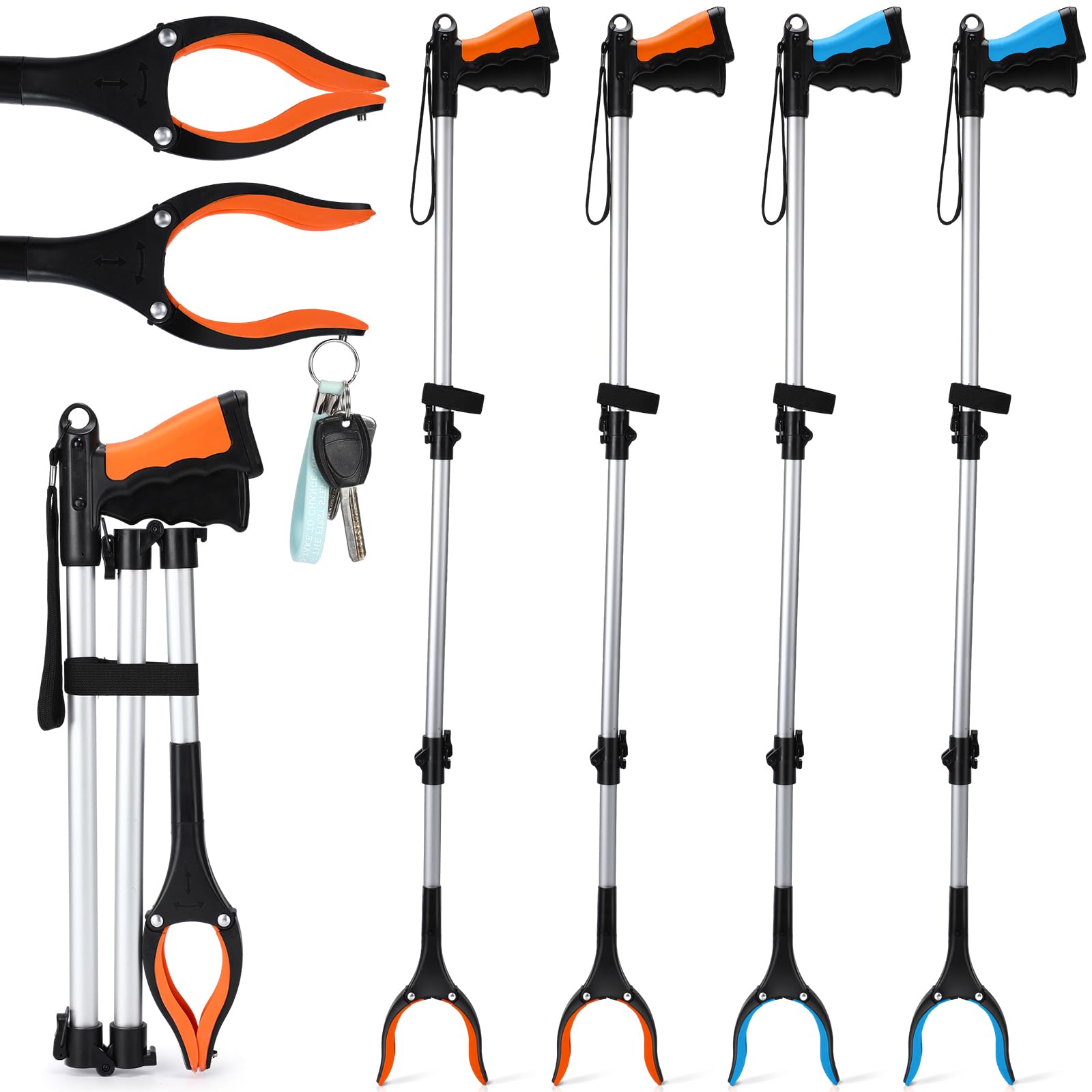 Landhoow 4 Pcs Trash Grabber Reacher Tool for Elderly 43" Foldable Trash Picker Upper Grabber Long Aids Lightweight Reaching Tool for Pick up Stick Arm Extension Litter Claw Picker, Blue Orange