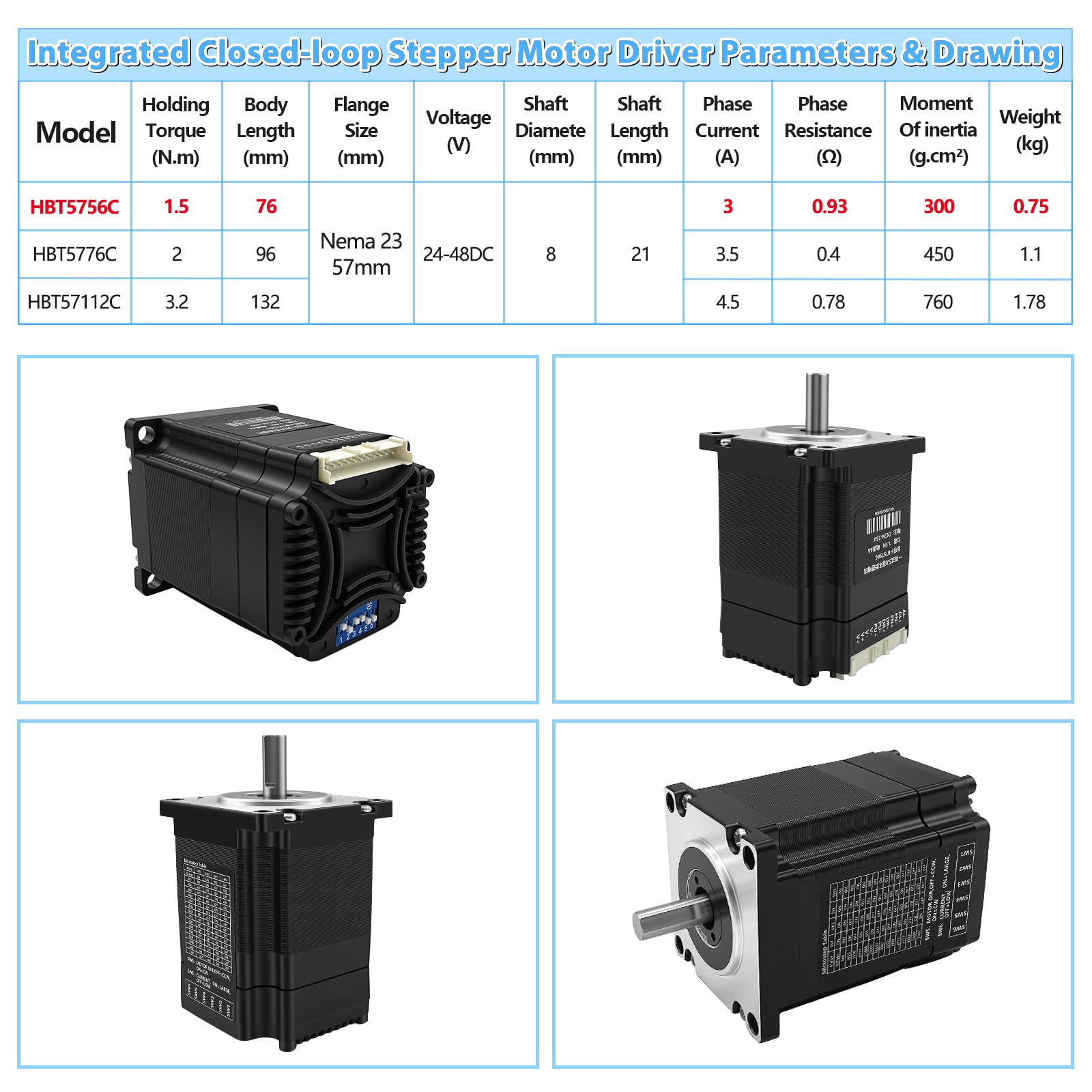 Nema 23 - Kit motore passo-passo da 57 mm con sistema servo integrato Smart Closed Loop Step Motor con encoder, driver, 1000 giri/min 3.0 ~ 4.2 A 20 ~ 48 V DC coppia 1,2 N.m per router CNC, stampante
