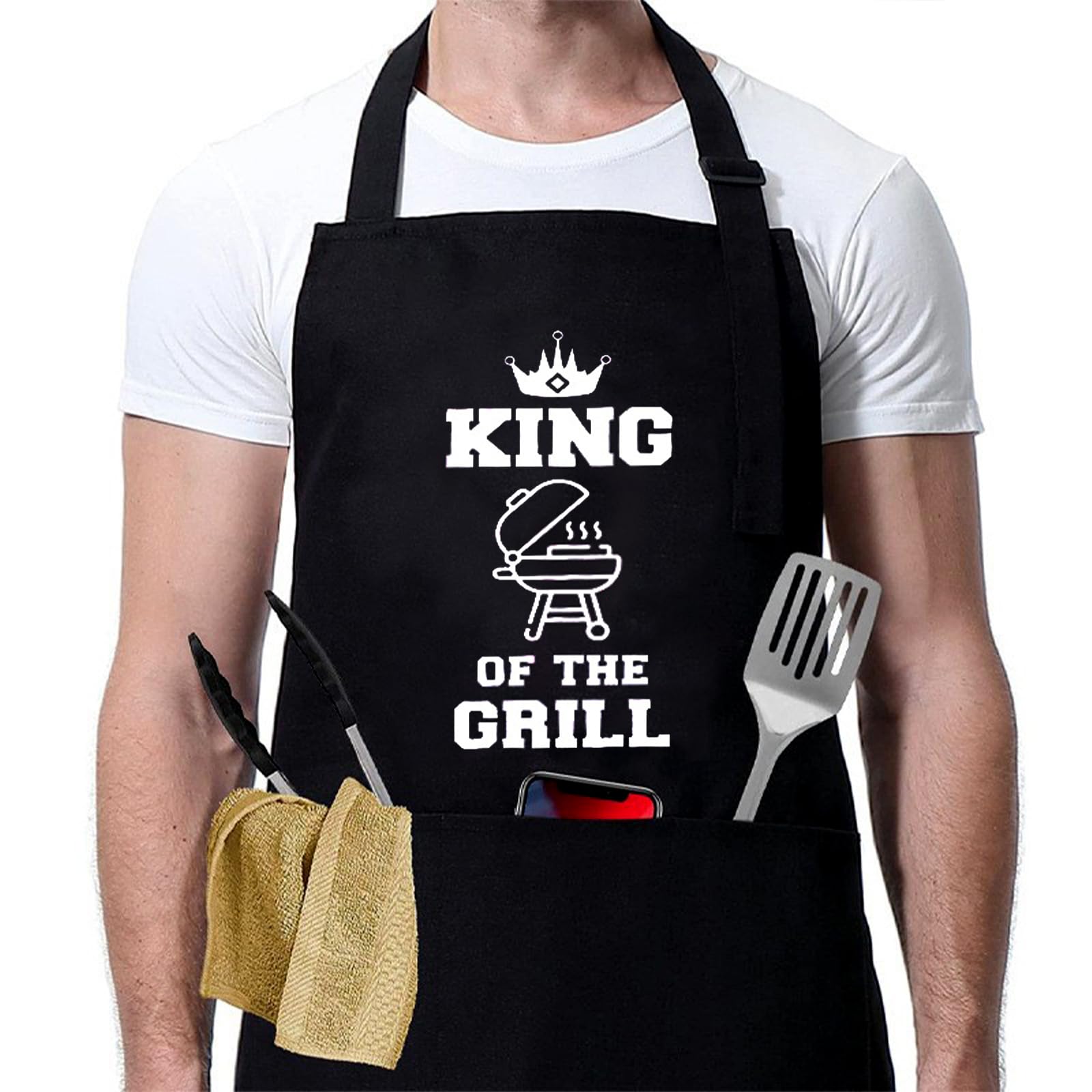 RCYHCY Delantal de Barbacoa, Delantal de Cocina Hombre Negro, Ajustable, 'KING OF THE GRILL', Regalo para Hombres, Amantes de la Cocina y la Parrilla