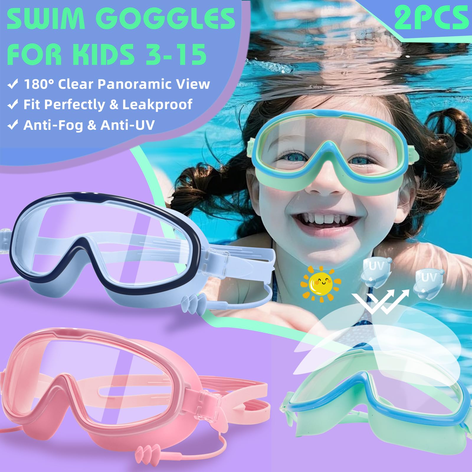 Schwimmbrillen für Kinder von 3–15 Jahren, HD großer Rahmen, Anti-Beschlag-Schwimmbrille für Kinder und Kleinkinder, 2 Stück