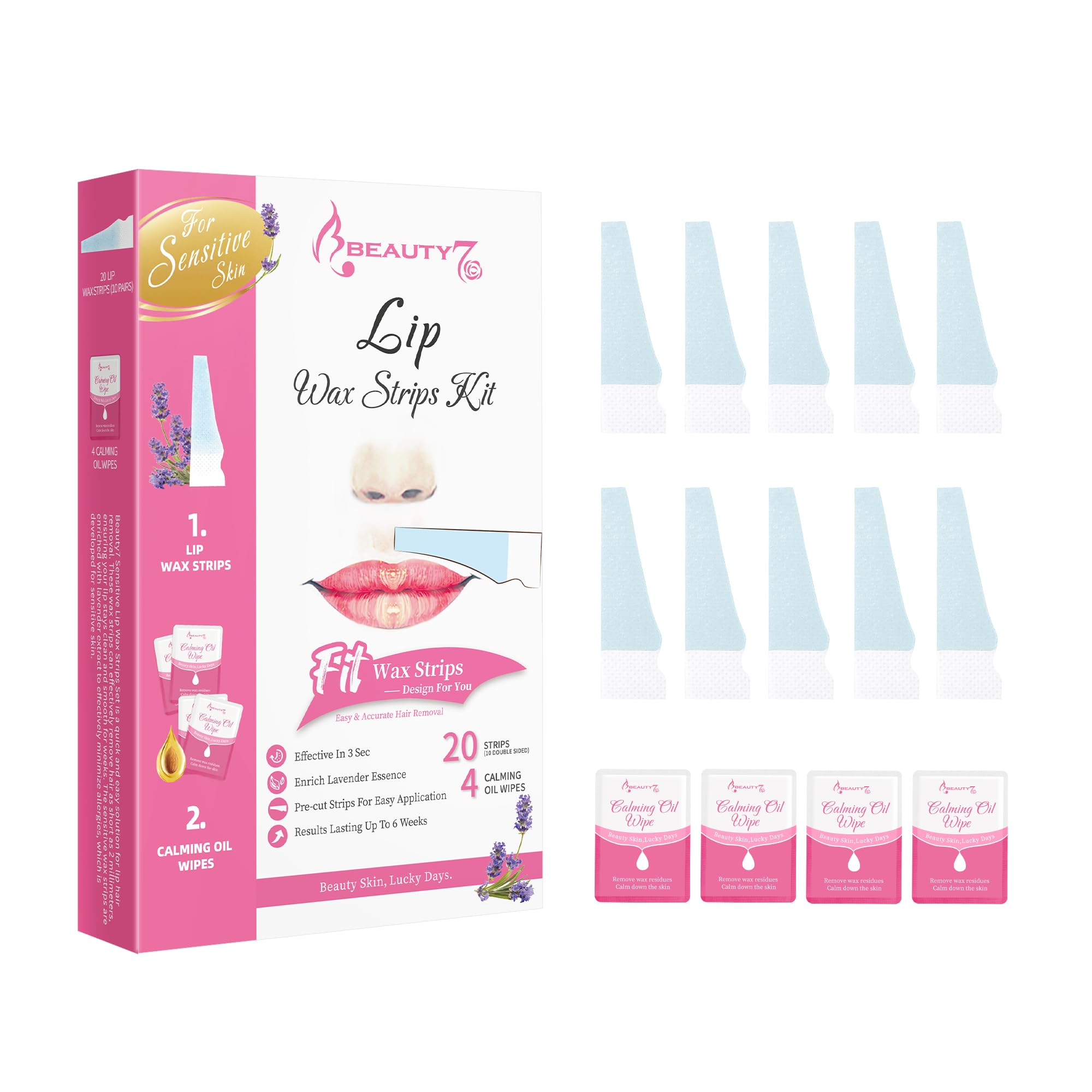 Beauty7 Sensitive Lip Wax Strips, Facial Wax Strips, Hair Removal 20 pcs with 4pcs Calming Oil Wipes, at Home Waxing for Women