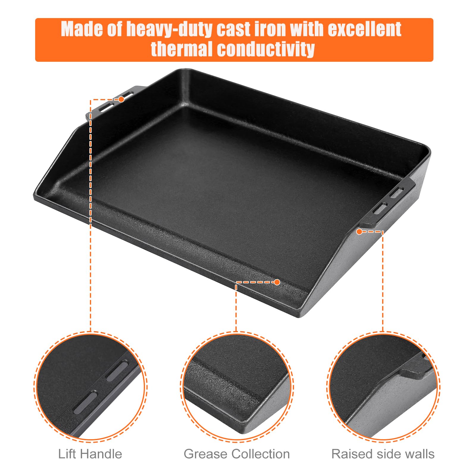 ZXLIHS Piastra Grill in ghisa 48 x 36 cm, plancha Universale per Grill a Gas, Forno e fornello, con Canale per Il Grasso Integrato e pareti Laterali Extra Alte