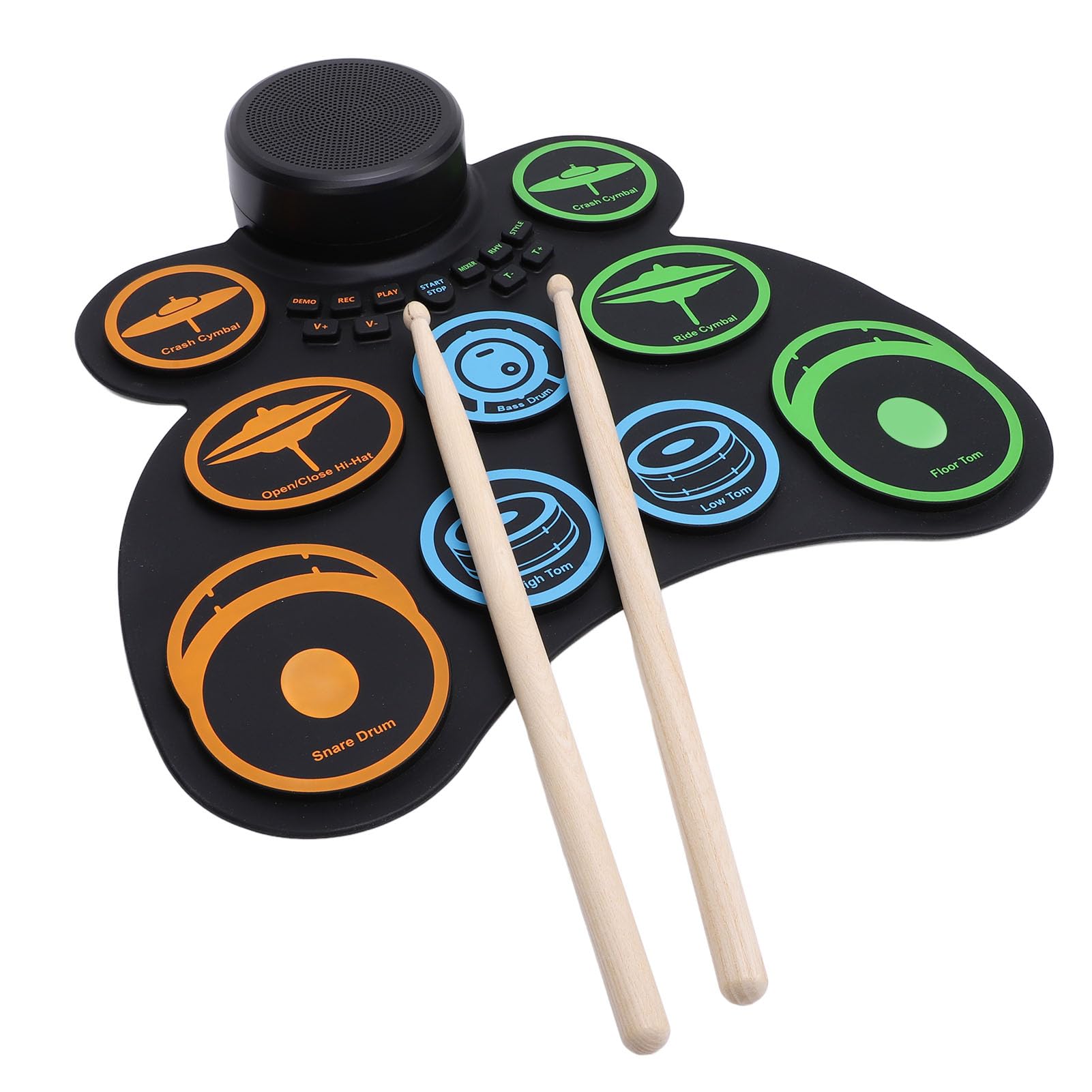 Bewinner Batería Electrónica, Almohadilla de Práctica Enrollable de 9 Pads con Conector para Auriculares y 2 Altavoces, Batería Digital MIDI Portátil con Pedal de Bajo/Hi-Hat, 7 Sonidos 10 Ritmos,