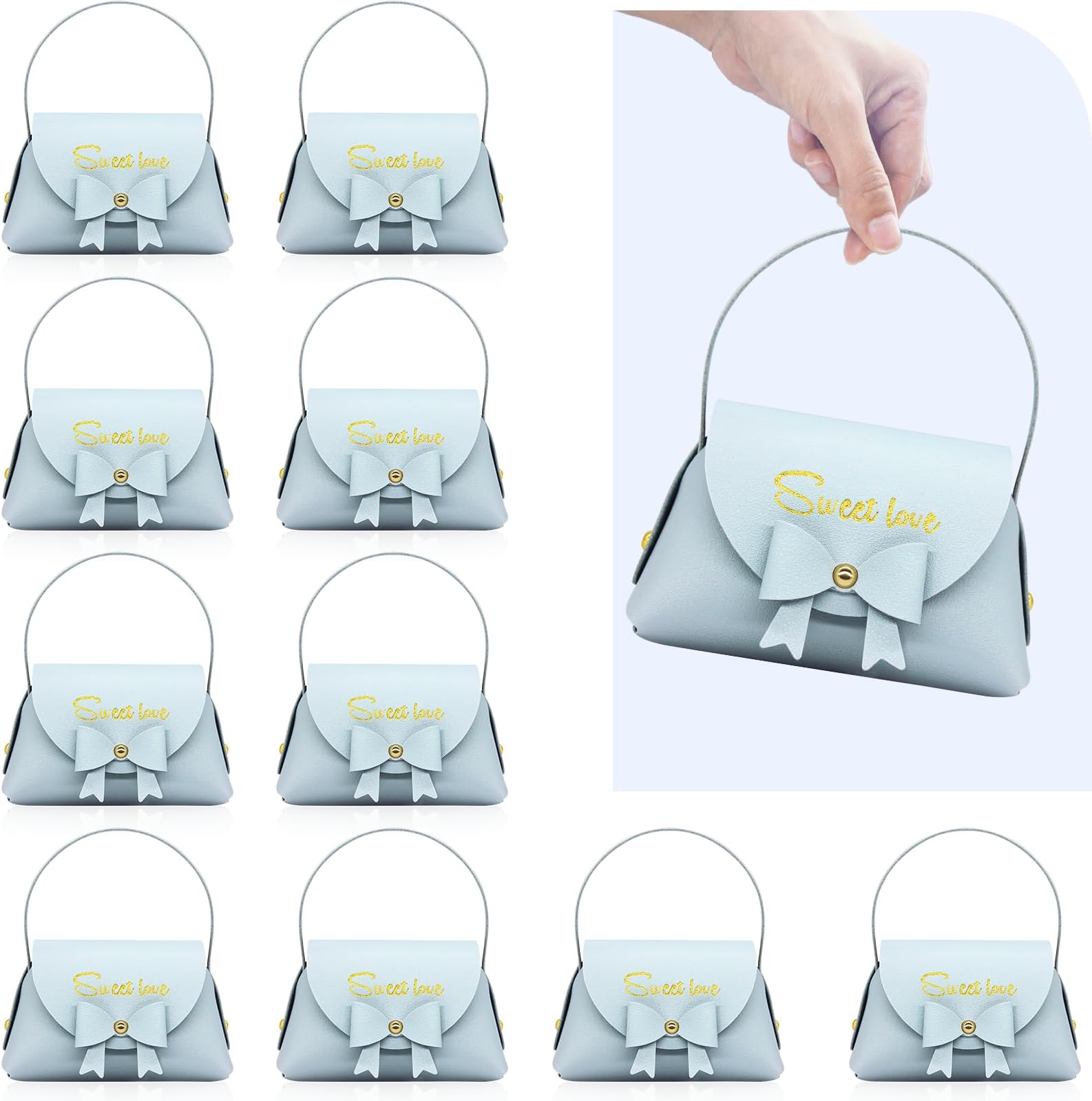 Topoloar Pack of 10 Light Blue Leather Bowknot Gift Boxes, Reusable Birthday Party Favor Bag, Mini Handbag with Handle for Baby Shower Decor Wedding Candy Box 5 Inch