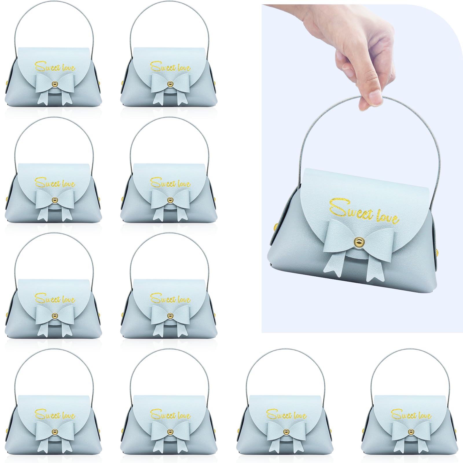 Topoloar Pack of 10 Light Blue Leather Bowknot Gift Boxes, Reusable Birthday Party Favor Bag, Mini Handbag with Handle for Baby Shower Decor Wedding Candy Box 5 Inch