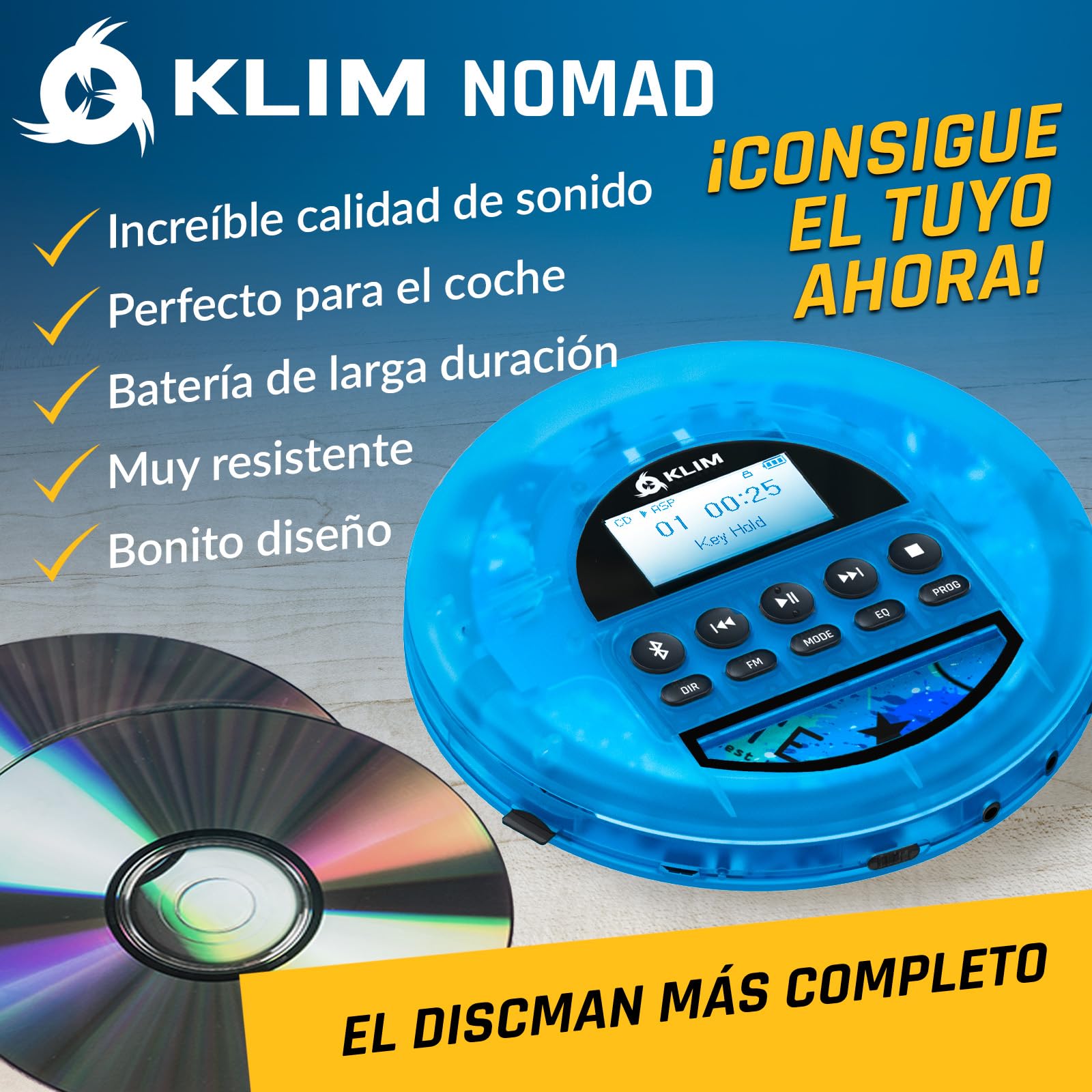 KLIM Nomad Transparent Azul - Reproductor CD portatil - batería Interna de Larga duración - Incluye Auriculares KLIM Fusion - CD Player Mini Compacto, Personal, CD-R, CD-RW y MP3 [Nuevo]