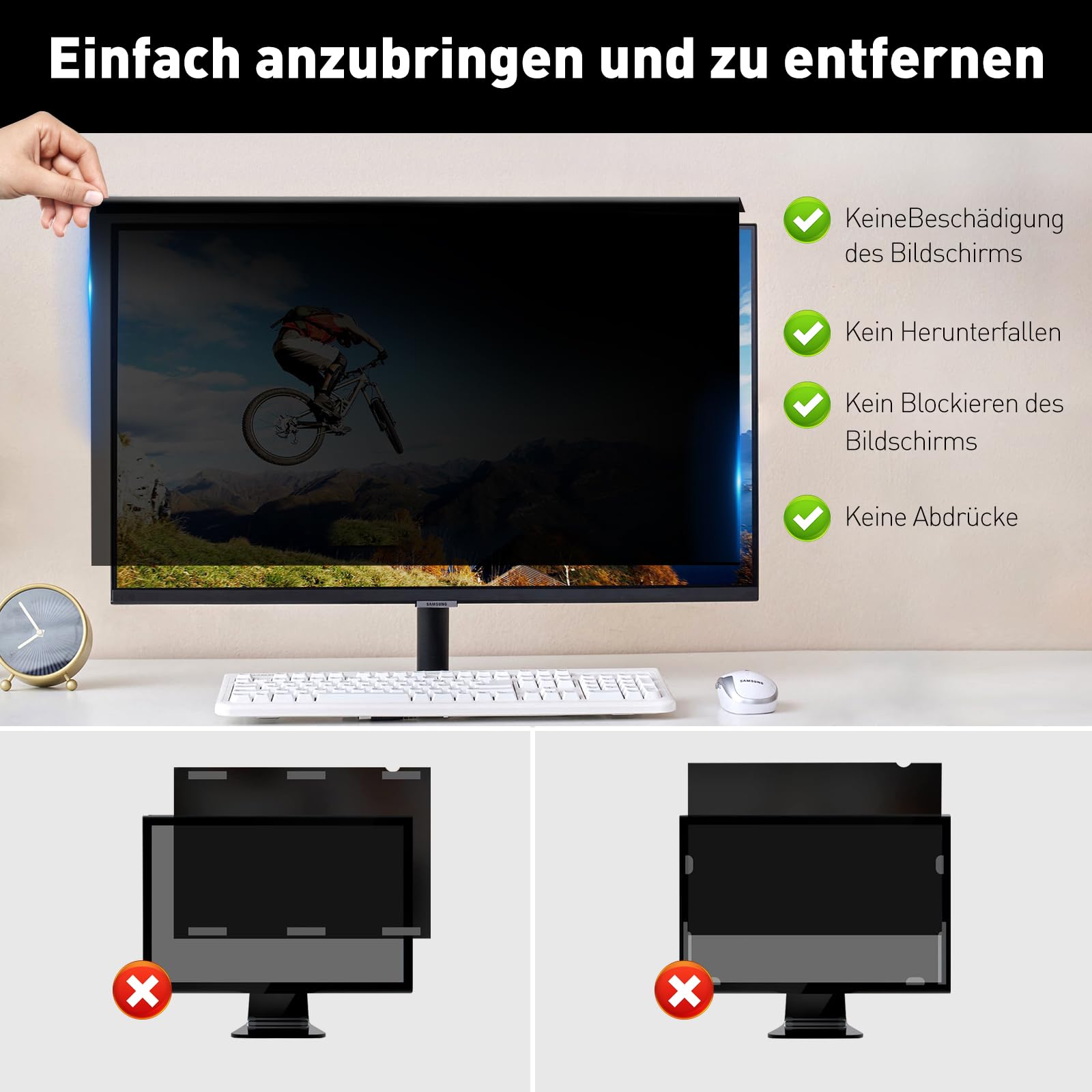 27 Zoll Hängender Blickschutzfolie für Computermonitor mit 16:9, Hochtransparent und Nicht Verschwommen, Keine Installation erforderlich, Anti-Blaulicht, Anti-UV, Kratzfest, No Anti-Glare