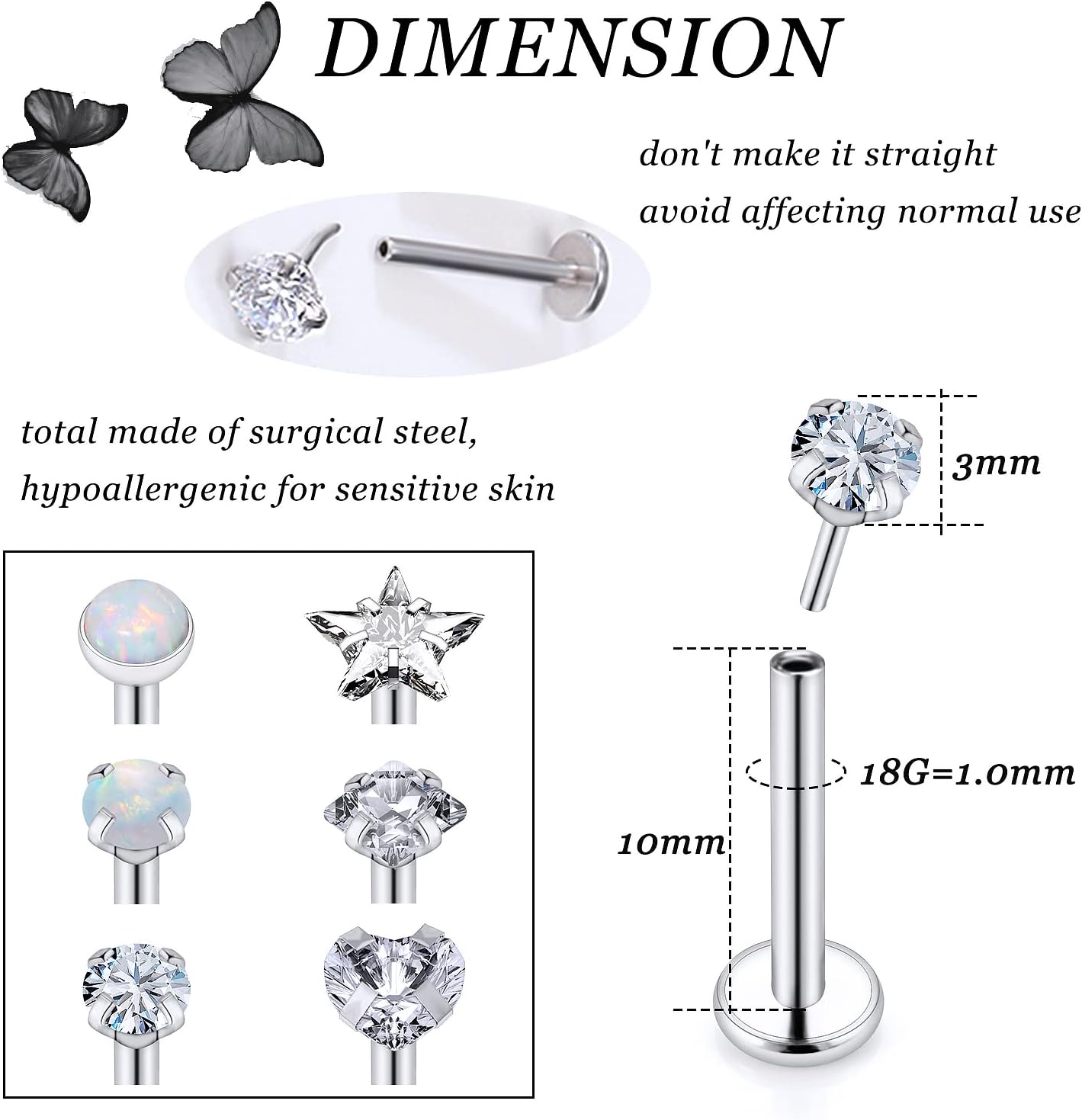 Vsnnsns 16G 18G 20G Threadless Push in Lip Rings Stainless Steel Flat Back Nose Rings Studs Tragus Helix Conch Cartilage Lobe Earrings Stud Piercing Jewelry for Women Men Diamond CZ Opal 6 Pairs
