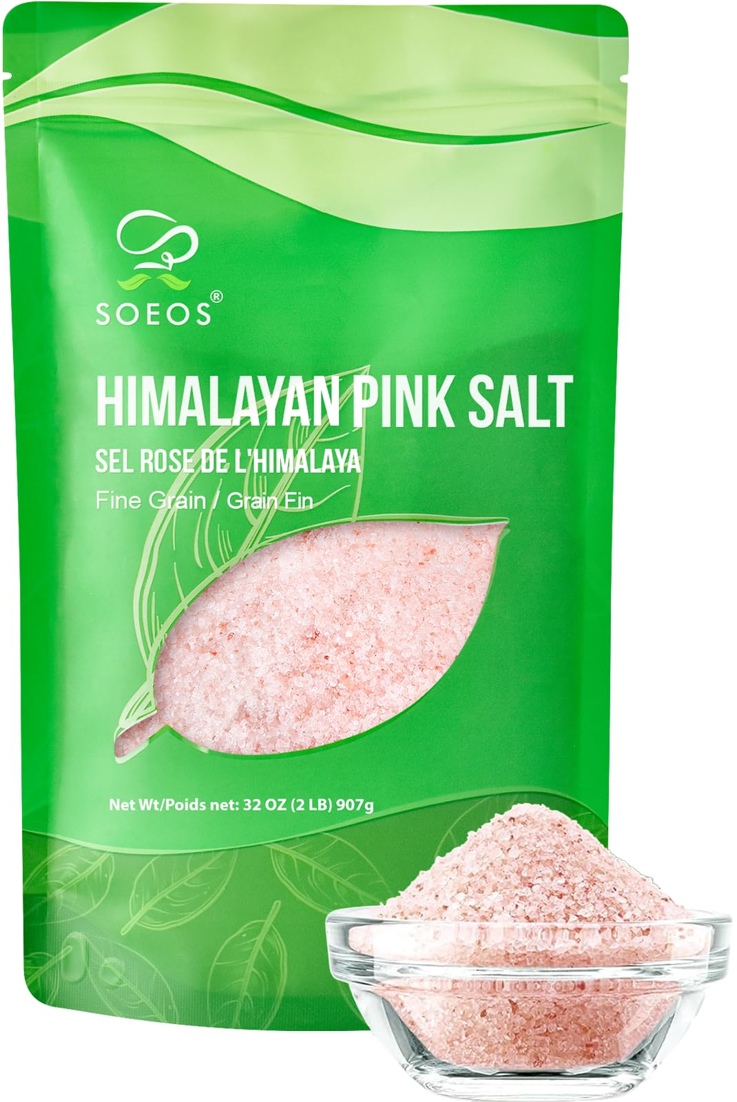 Soeos Himalayan Pink Salt, Fine Grain, 2 Lbs (32 oz), Pink Himalayan Sea Salt, Rock Salt for Grinder Refill