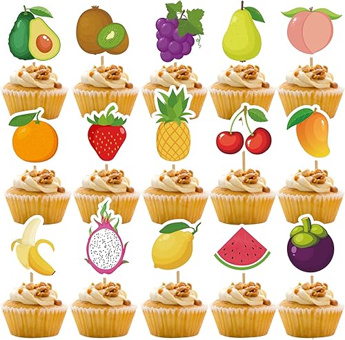 30 piezas de adornos para cupcakes de frutas, sandía, limón, uva, plátano, fresa, tartas para tutti frutti temática de frutas, decoración de boda,