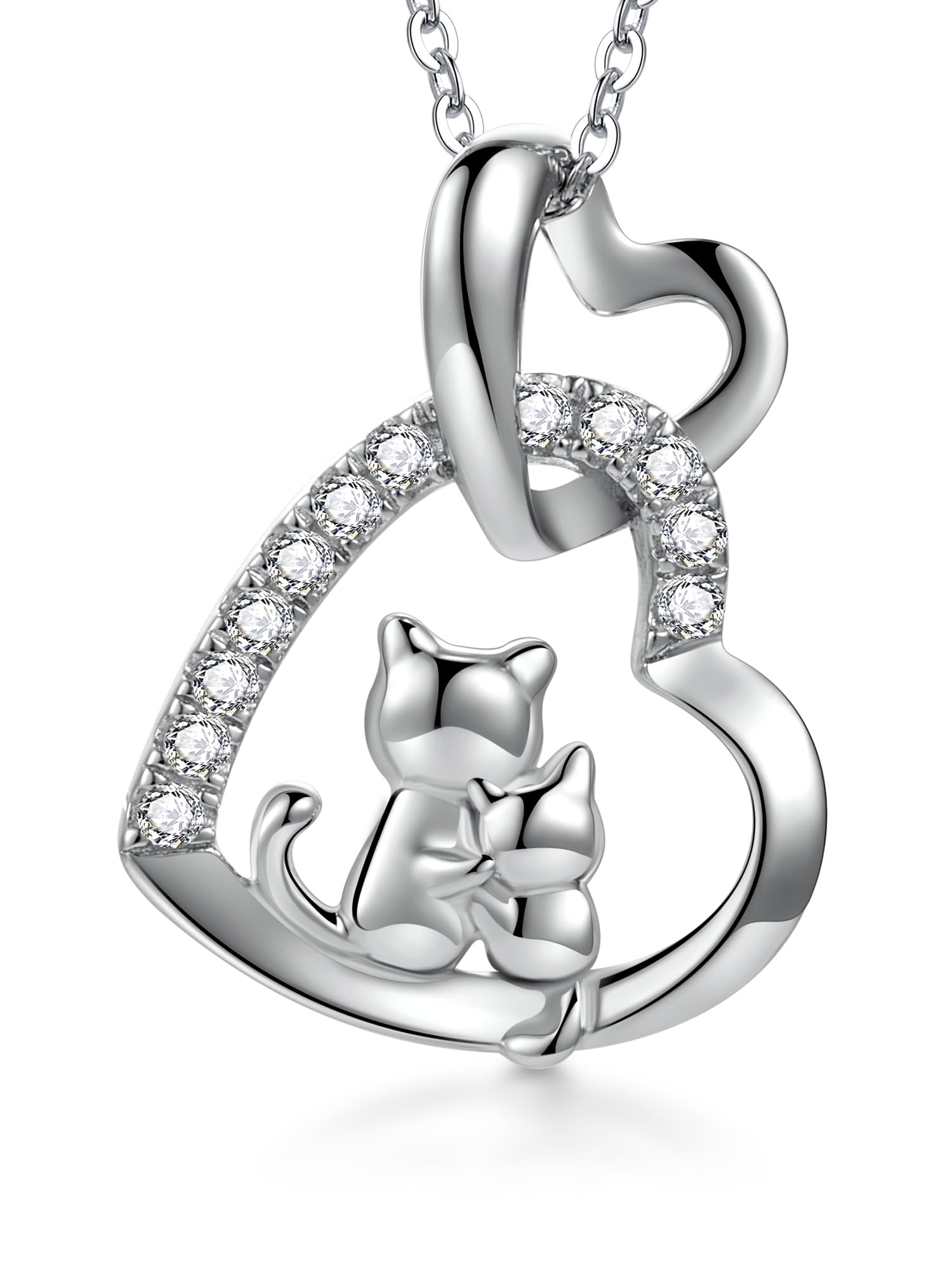 PAPAGENA Collar de plata de ley con circonita para mujer, collar con colgante de tortuga y gato, chapado en oro, 45,7 cm + 5 cm