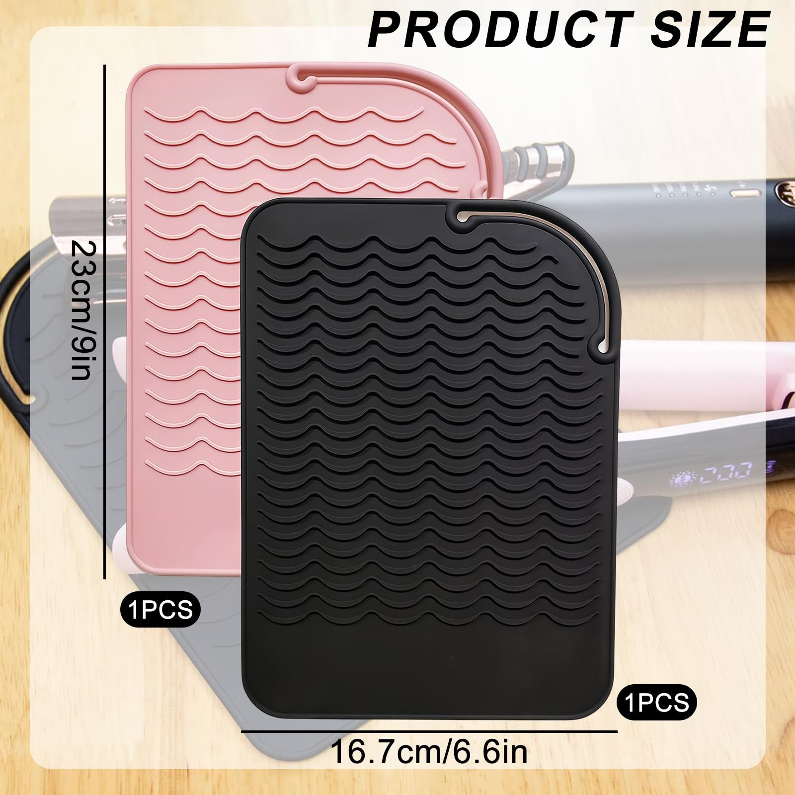 Tappetino termoresistente in silicone 2 pezzi nero e rosa 23x16cm per piastra capelli e ferro arricciacapelli resistente fino a 230°C antiscivolo facile da pulire per casa e salone