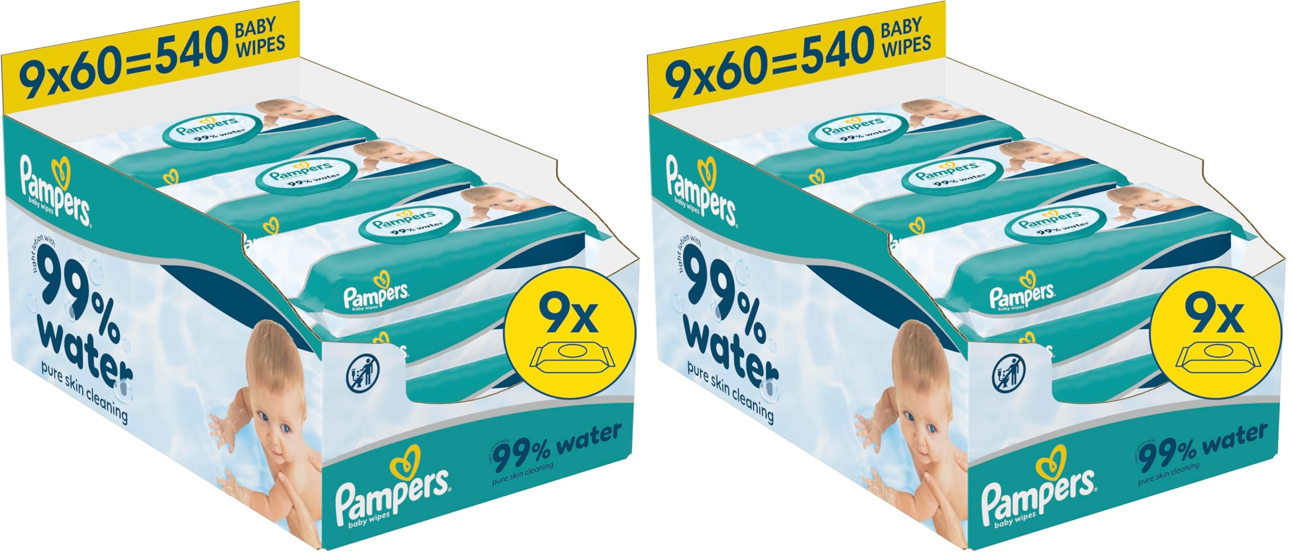 Pampers 99% Water Baby-Feuchttücher, 18 Packungen mit 60 Feuchttüchern : 540 Baby-Feuchttücher, leichte Lotion mit 99% Wasser