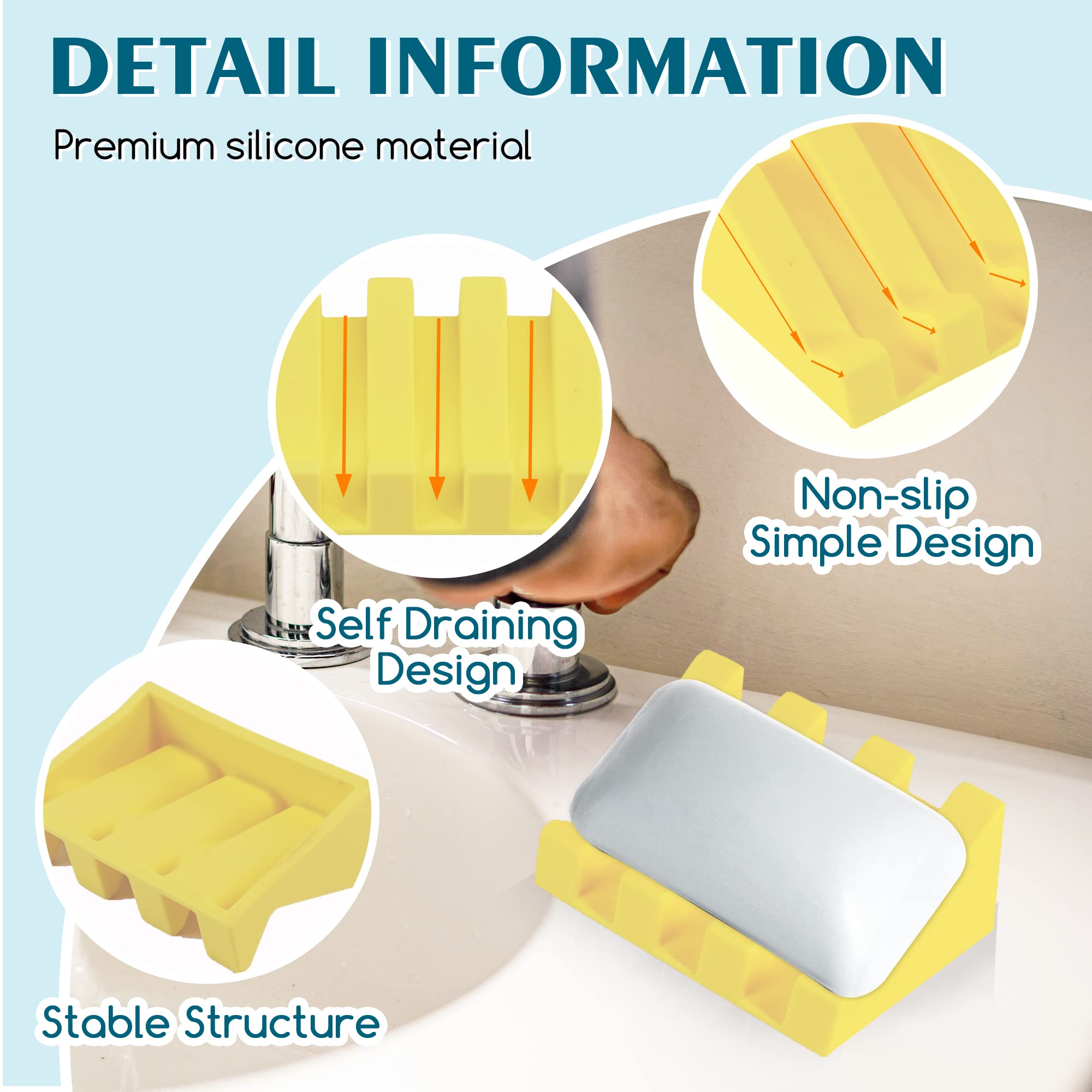 Jabonera de silicona con drenaje, jabonera para ducha, barra de cascada, bandeja de jabón con drenaje para accesorios de baño y cocina (amarillo, 2)