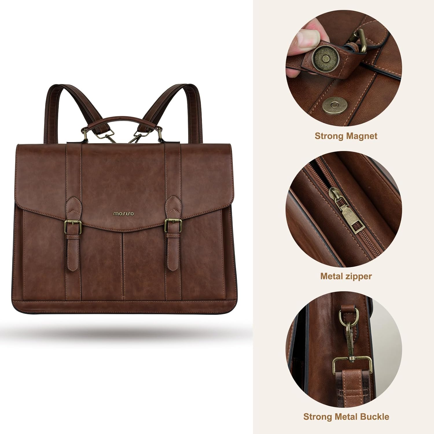 MOSISO 3 in 1 Laptop Bag Laptop Backpack, 15.6 inch Vintage PU Leather Briefcase Messenger Bags with Laptop Compartment, 15-16 inch Laptop Shoulder Bag Casual Handbag for College Work Business, Brown - Image 4