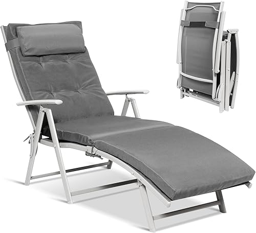 Giantex Tumbona para exteriores, silla de playa reclinable plegable con cojín extraíble y almohada para reposacabezas, tumbona para exteriores con 7