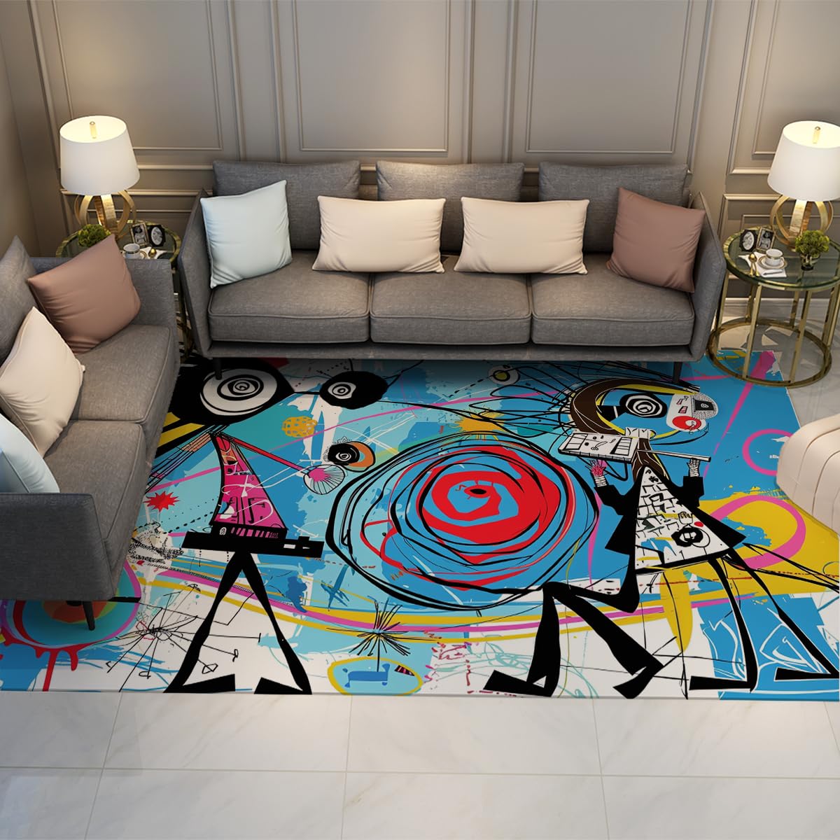 Tapis bleu salon grand format sécurisé et lavable pour chambre d'enfants