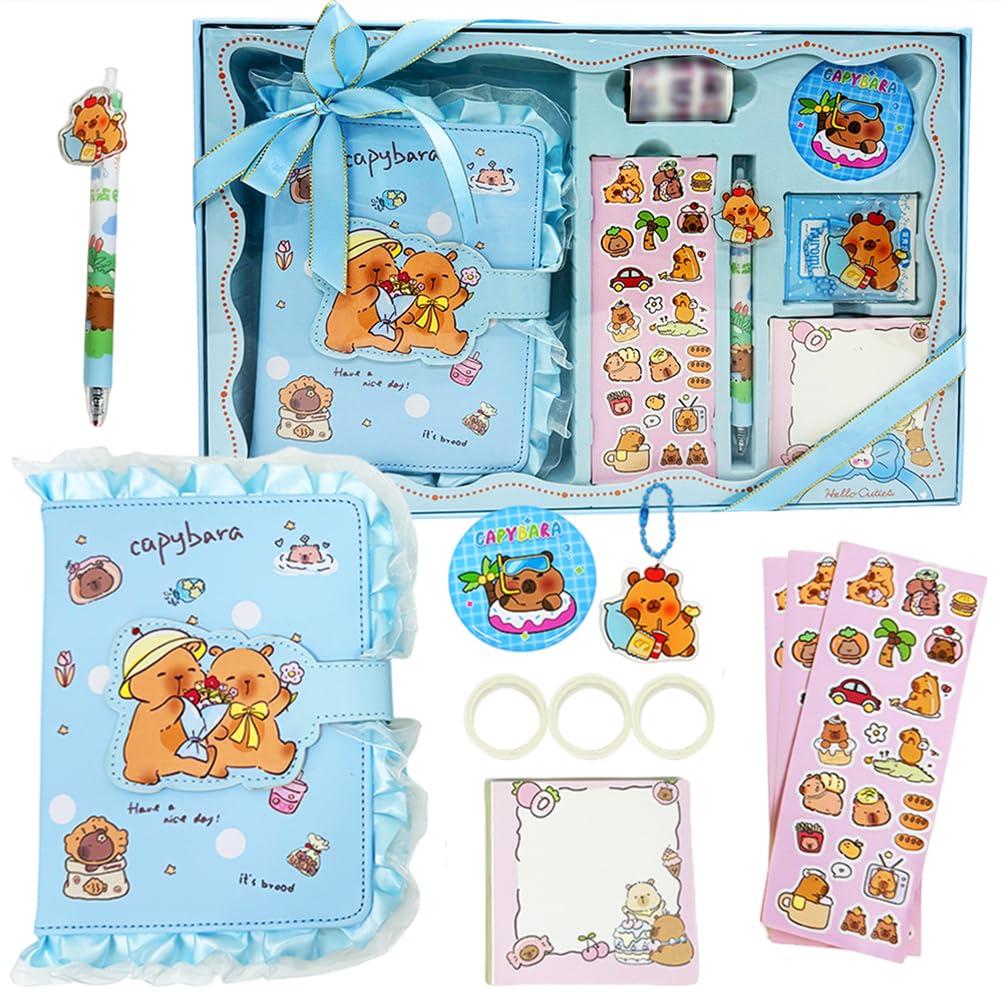 MIFKLMV Capybara Stationery Set Cute Capybara Notebook Journal Notepad Diary with Accessories, Capybara Stationery Kit with Notebook, Stickers, Pen, Memo Pad, for Back to School, Birthday Gifts-A