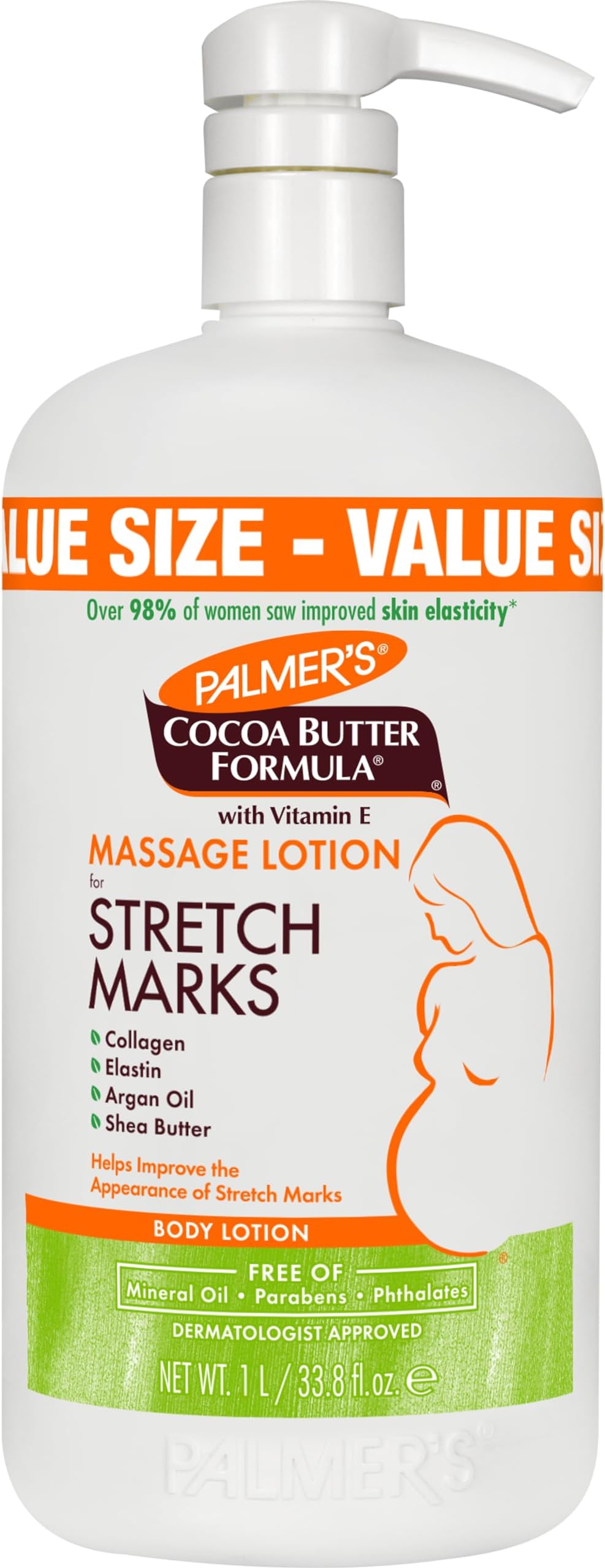 Palmer's Cocoa Butter Formula Massage Lotion For Stretch Marks, Pregnancy Skin Care, Belly Cream with Collagen, Elastin, Argan OIl and Shea Butter, 33.8 Ounces