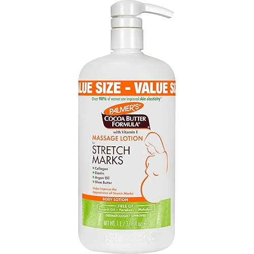 Loción de Masaje con Fórmula de Mantequilla de Cacao Palmer's para Estrías, Cuidado de la Piel durante el Embarazo, Crema para Barriga con Colágeno, Elastina, Aceite de Argán y Mantequilla de Karité, 33.8 Onzas