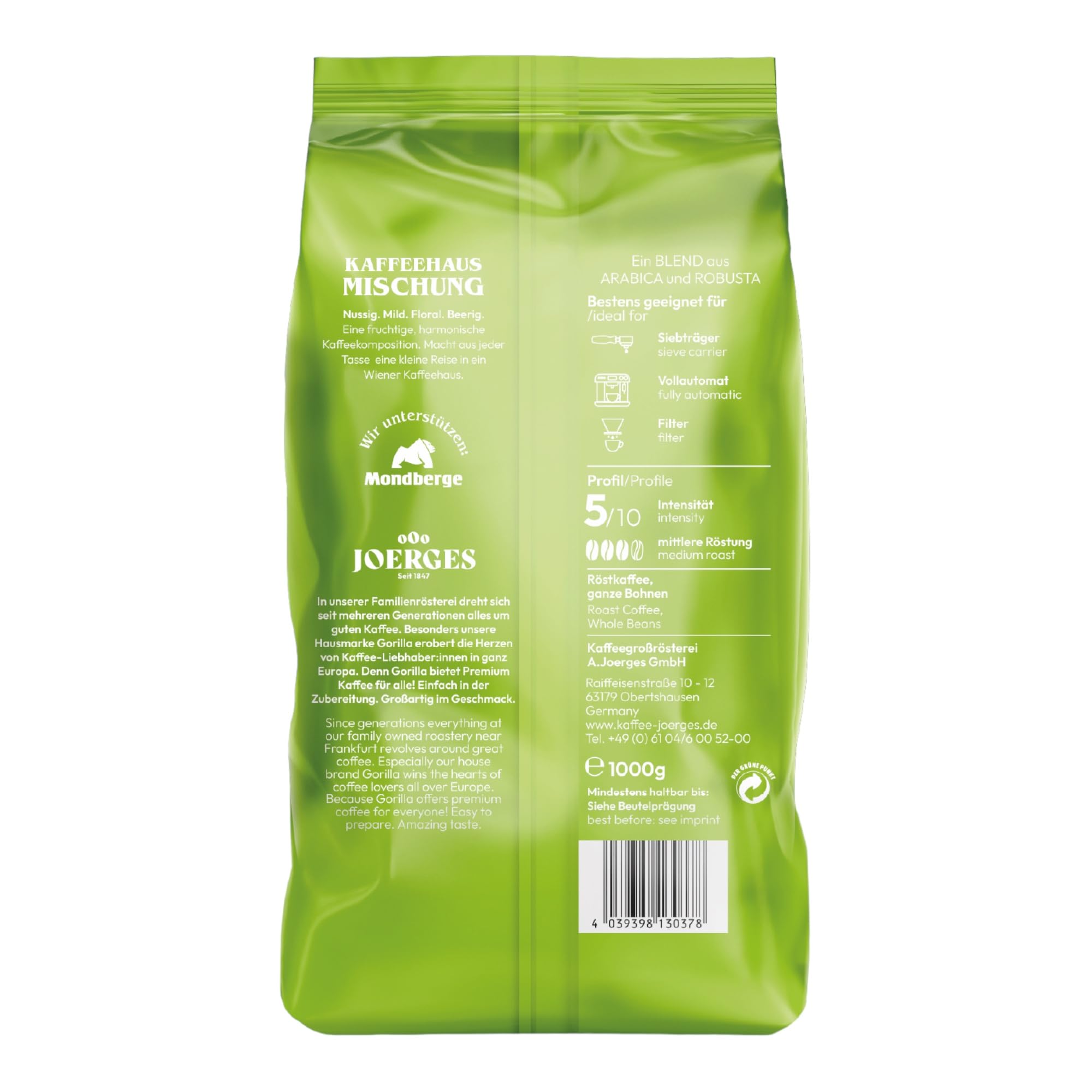 Joerges Gorilla Kaffeehaus-Mischung, 5er Vorteilspack (5x 1000g), ganze Kaffeebohnen, Röstkaffee, Caffè
