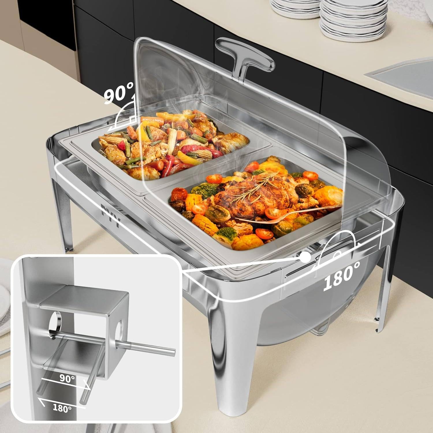 Chafing Dish Buffet-Set, 9 l, Speisenwärmer-Set mit sichtbarem Rolldeckel, Essenstablett, Brennstoffregal für Hochzeiten, Partys, Bankette, Essen (Pfanne in voller Größe),Steel-1